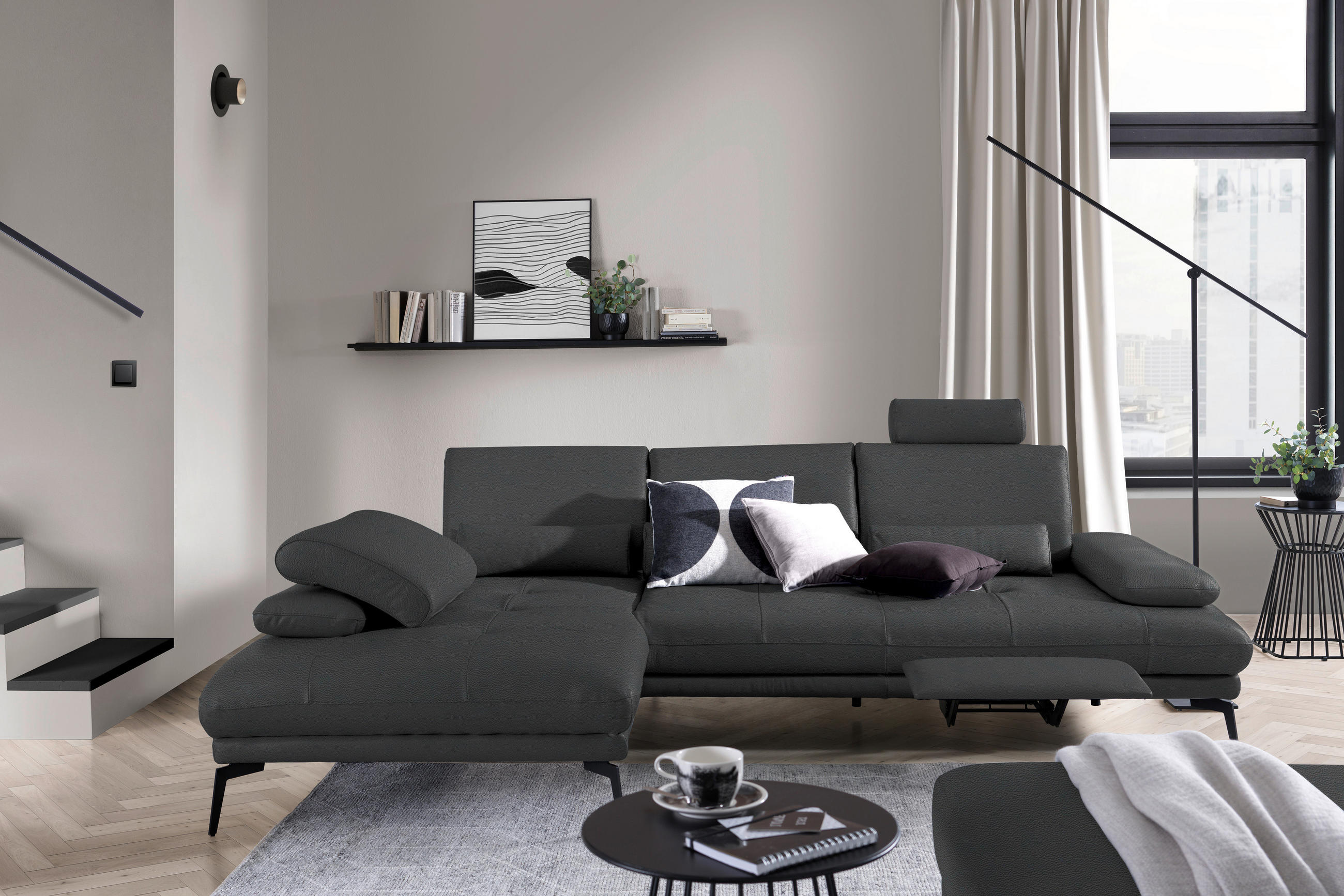 ECKSOFA Anthrazit Echtleder  - Anthrazit/Schwarz, Design, Leder/Metall (187/273cm) - Celina Home