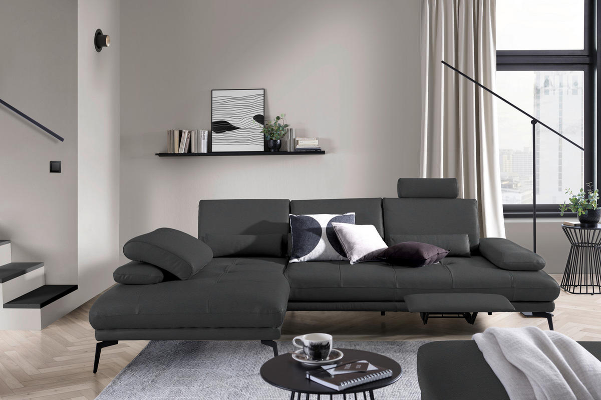 ECKSOFA Anthrazit Echtleder  - Anthrazit/Schwarz, Design, Leder/Metall (187/273cm) - Celina Home