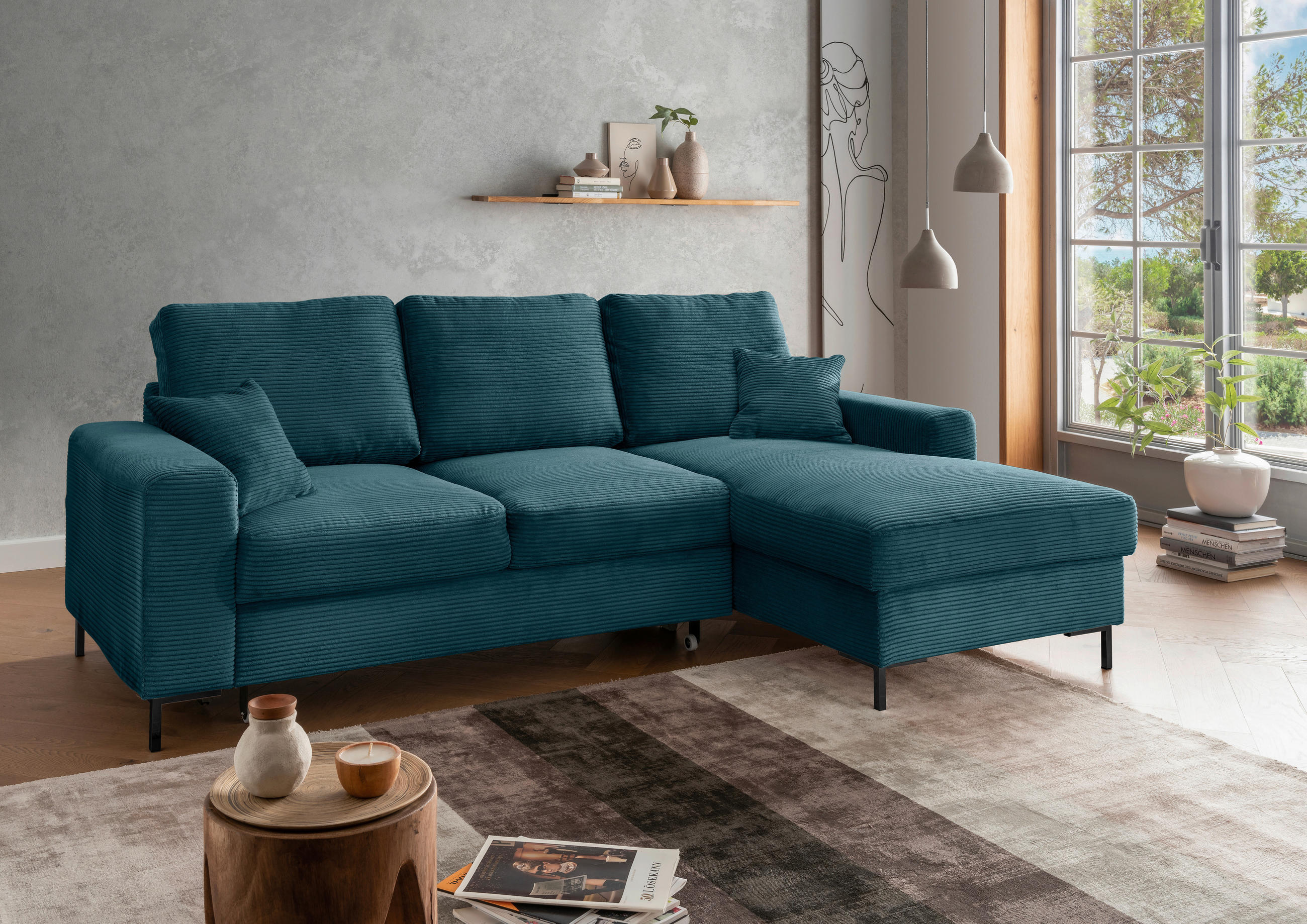 ECKSCHLAFSOFA  mit Liegefunktion, Rücken echt Cord Petrol  - Petrol/Schwarz, KONVENTIONELL, Textil/Metall (237/143cm) - Livetastic