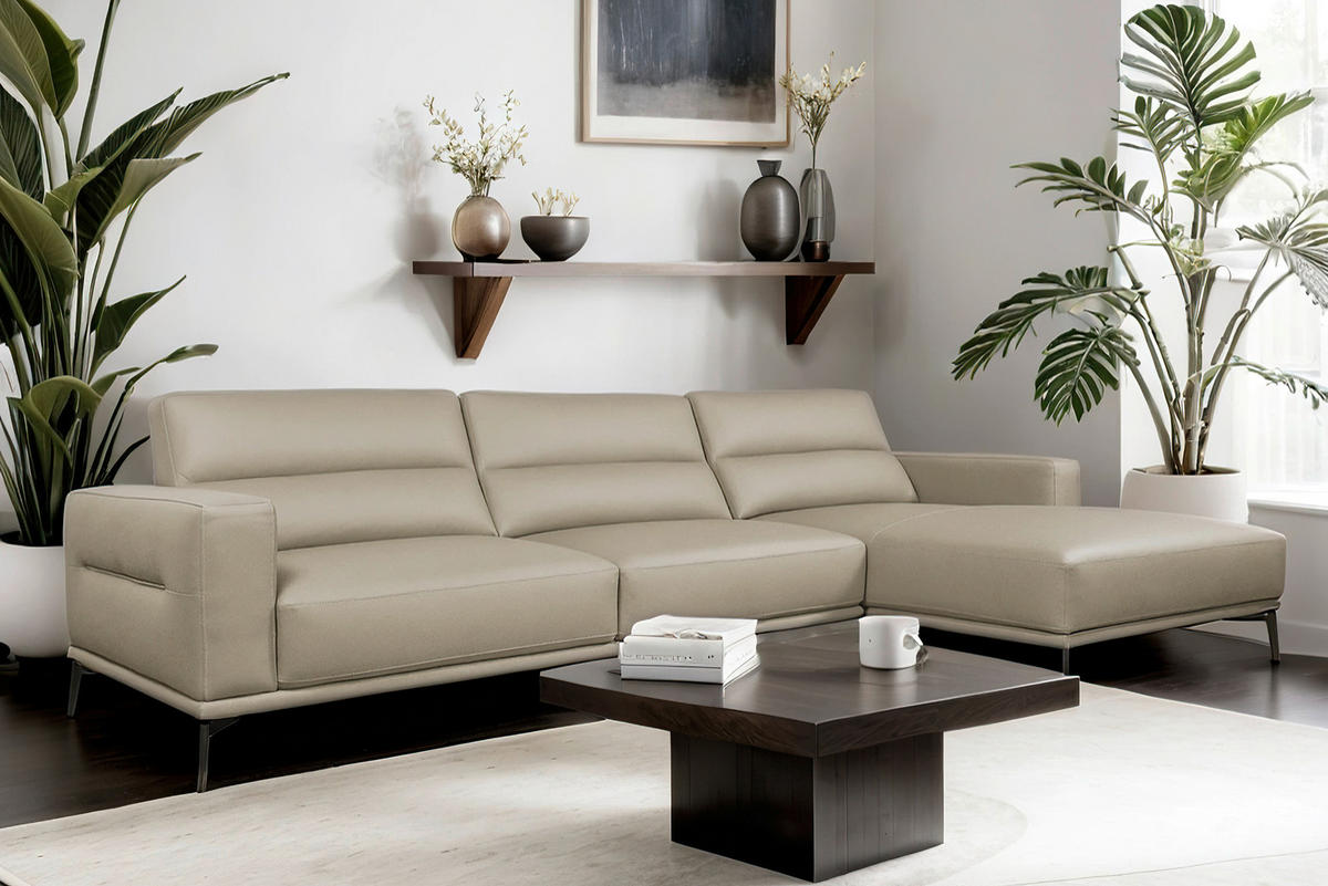 ECKSOFA Greige Echtleder  - Greige/Schwarz, MODERN, Leder/Holz (175/299cm) - Livetastic