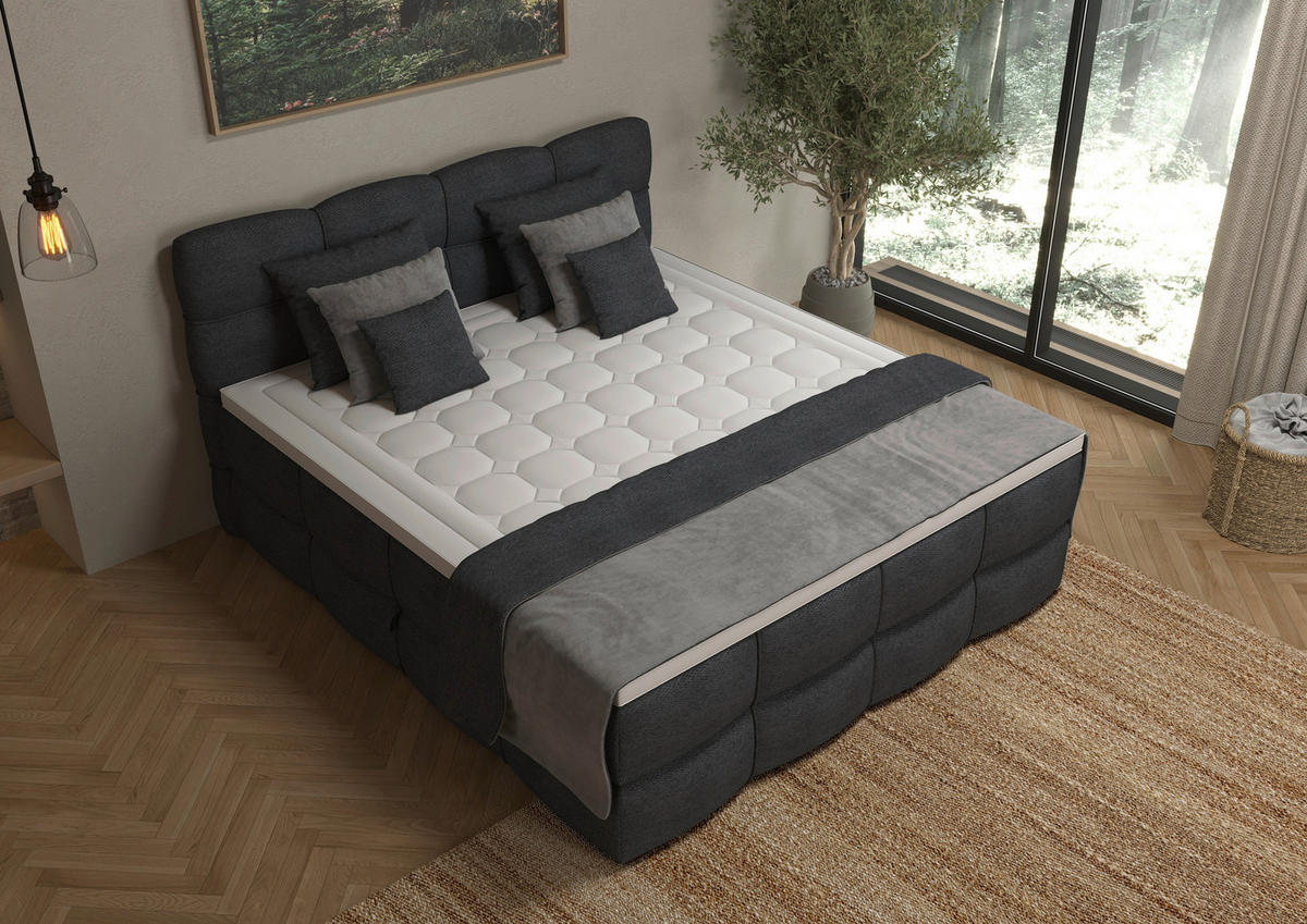 BOXSPRINGBETT 180/200 cm,  in Dunkelgrau, gepolstertes Kopfteil, Bettkasten, Topper, Matratzen, H3 + H3 = fest  - Dunkelgrau/Schwarz, Design, Kunststoff/Textil (180/200cm) - Chameo