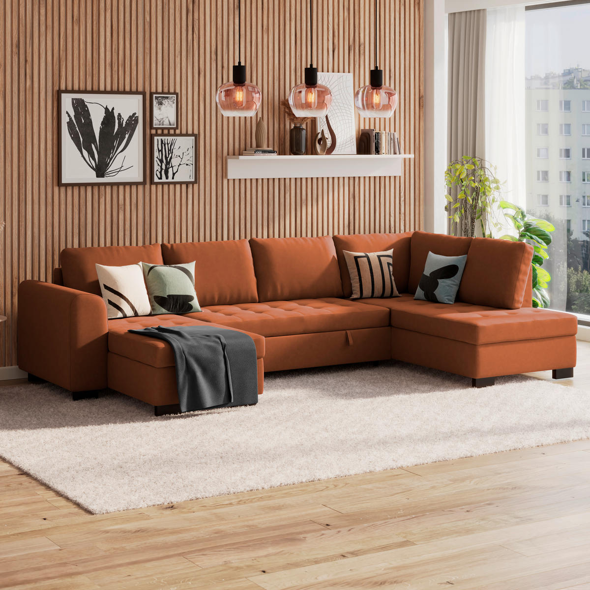WOHNLANDSCHAFT Terracotta Mikrofaser  - Terracotta/Schwarz, MODERN, Kunststoff/Textil (155/305/178cm) - P & B