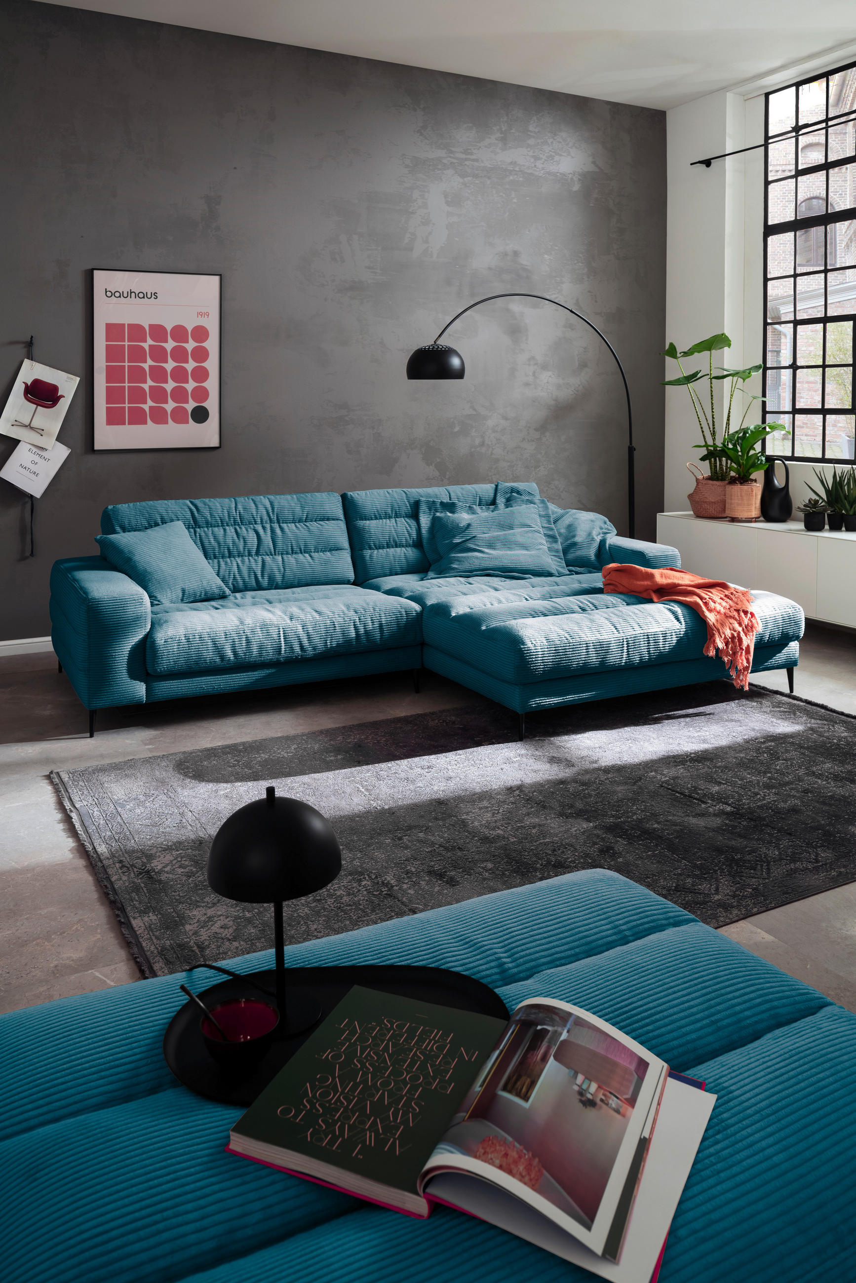 HOCKERBANK in Textil Petrol  - Petrol/Schwarz, Design, Textil/Metall (90/83/125cm) - Dieter Knoll