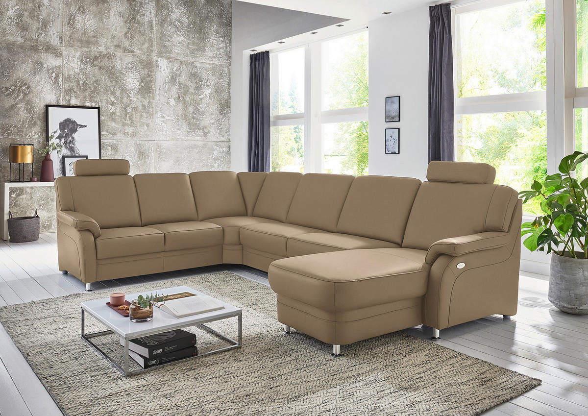 WOHNLANDSCHAFT  in Echtleder Khaki  - Khaki/Alufarben, KONVENTIONELL, Leder/Metall (239/329/165cm) - Beldomo Premium