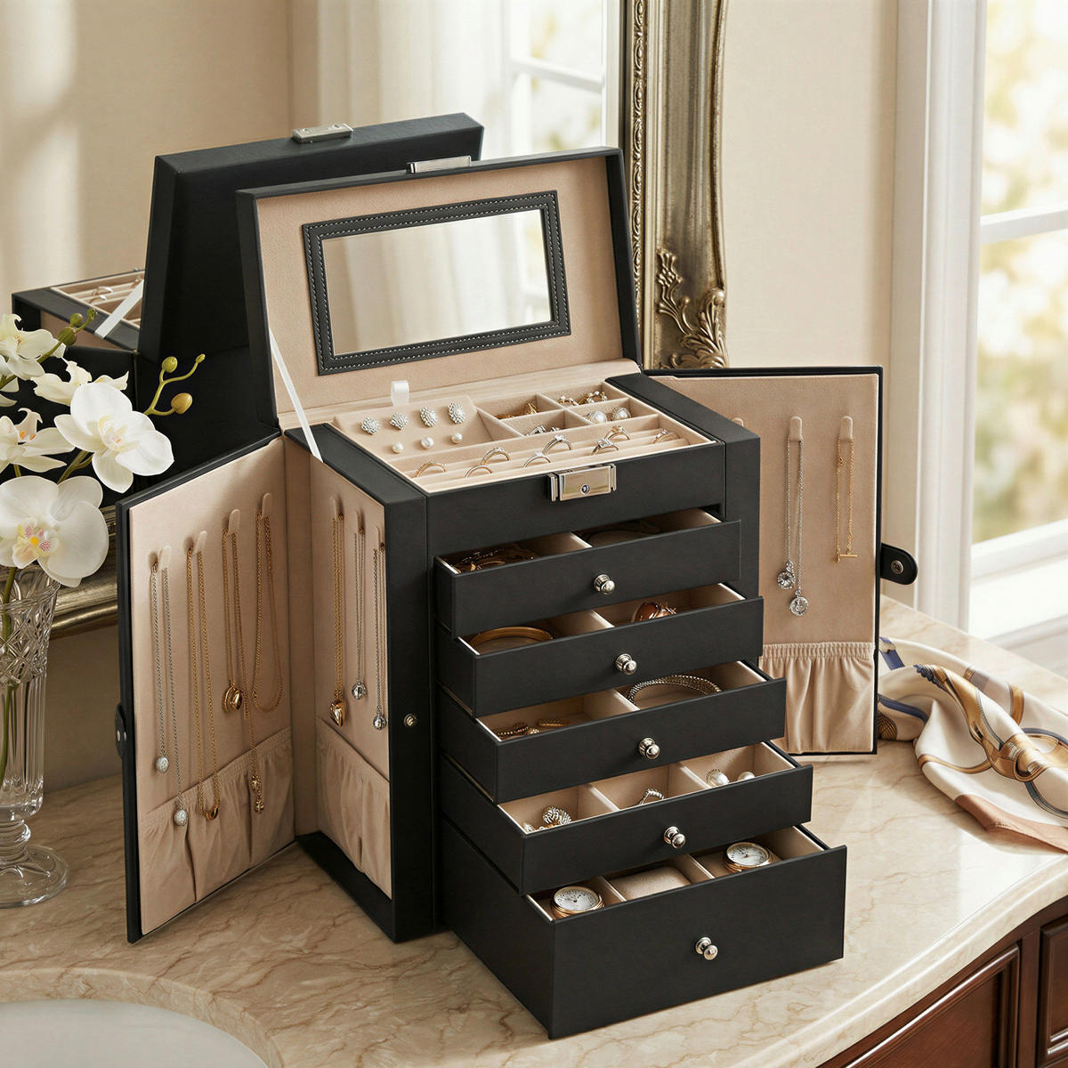 SCHMUCKKÄSTCHEN - Beige/Schwarz, Trend, Leder/Holzwerkstoff (26/32/15,6cm) - Boxxx