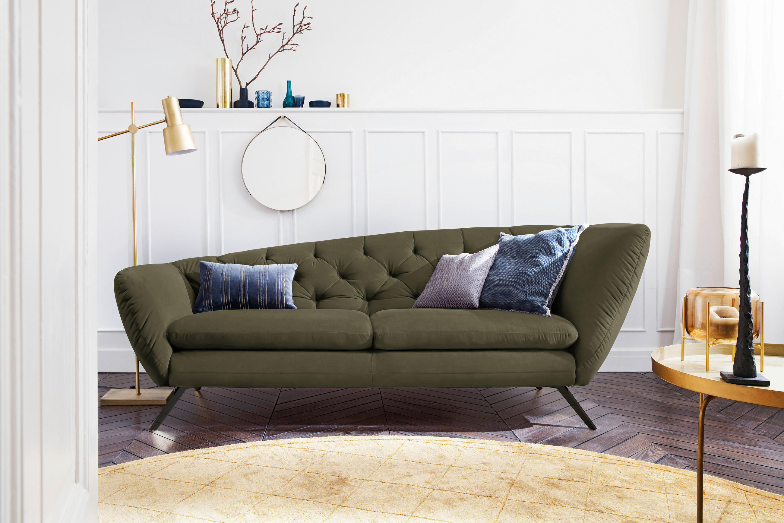 CHESTERFIELD-SOFA Mikrofaser Olivgrün, Schwarz  - Schwarz/Olivgrün, Design, Textil/Metall (223/84/90cm) - Pure Home Lifestyle