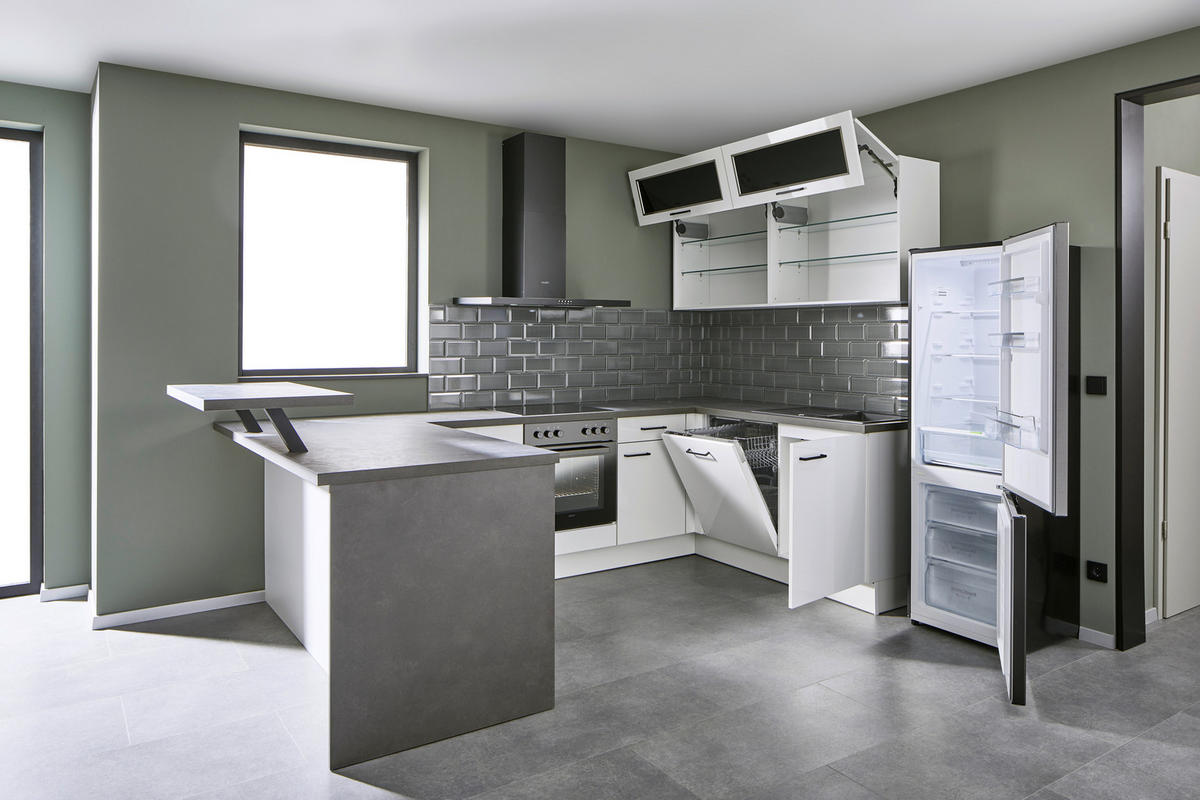 ECKKÜCHE  in Dunkelgrau, Weiß Hochglanz  - Dunkelgrau/Weiß Hochglanz, Basics, Glas/Holzwerkstoff (186,6/315/185cm) - Venda