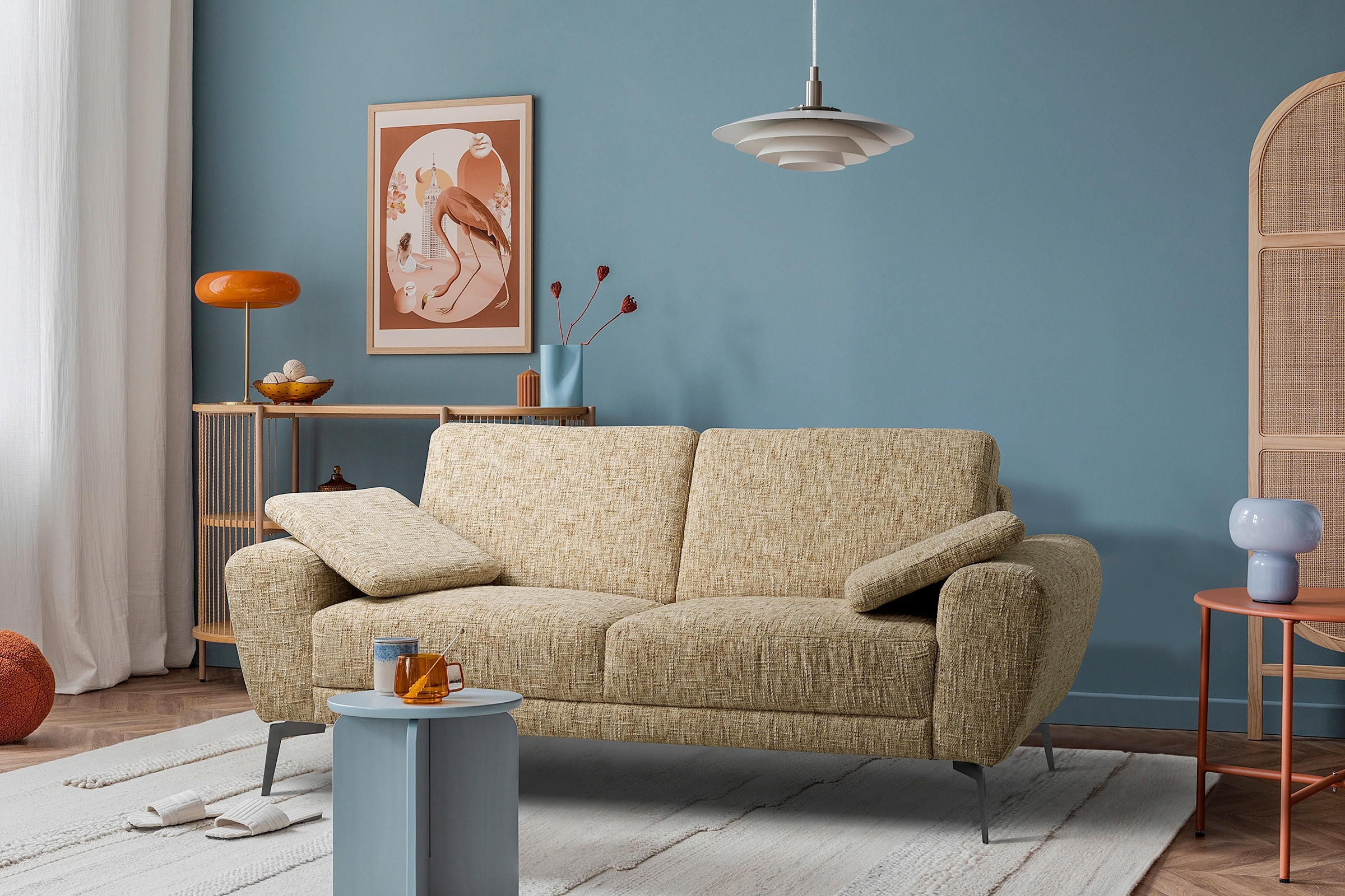 2-SITZER-SOFA Webstoff Hellbraun  - Hellbraun/Schwarz, Design, Textil/Metall (157/85/92cm) - Livetastic