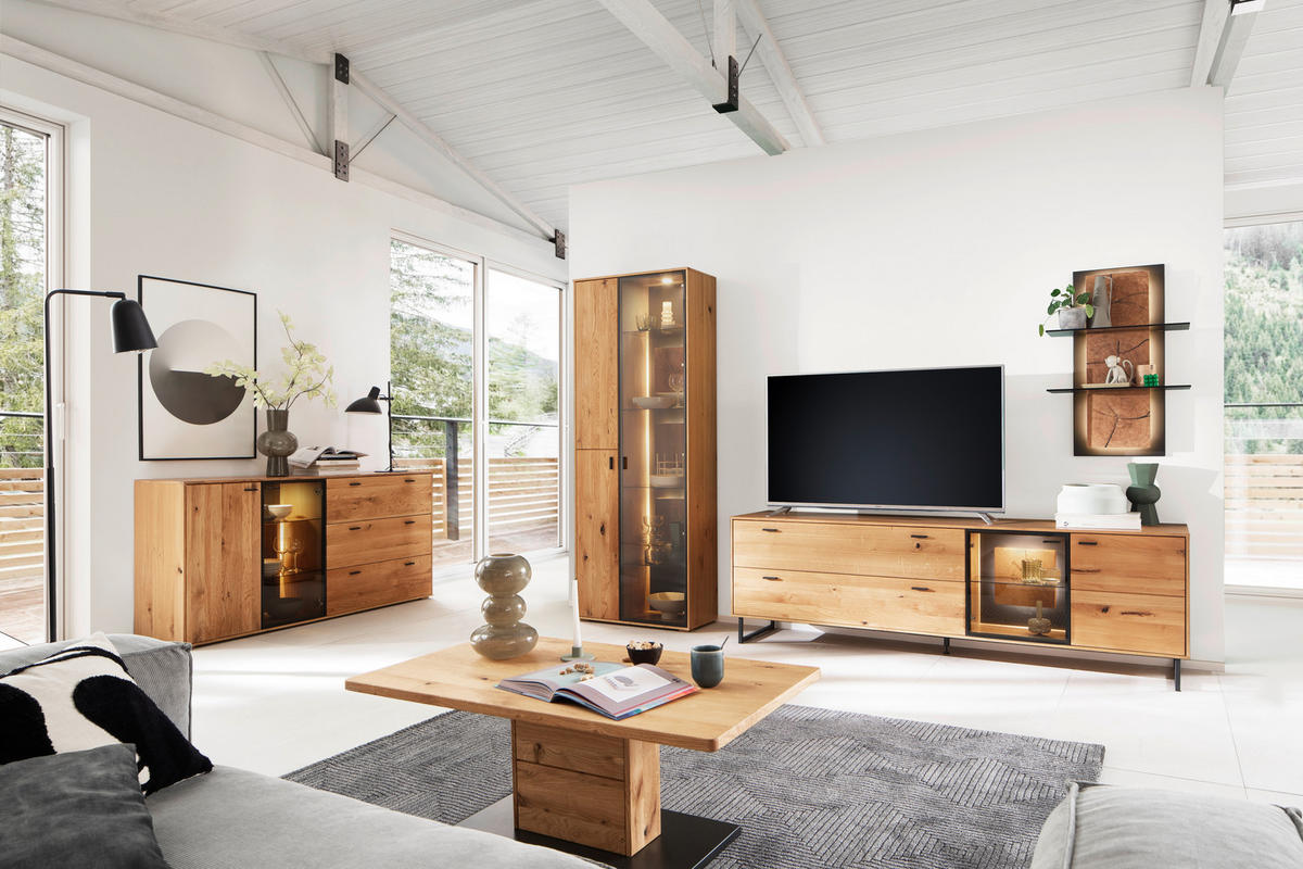 WOHNWAND  in Wildeiche 306/206/50 cm  - Wildeiche/Schwarz, Design, Glas/Holz (306/206/50cm) - MID.YOU
