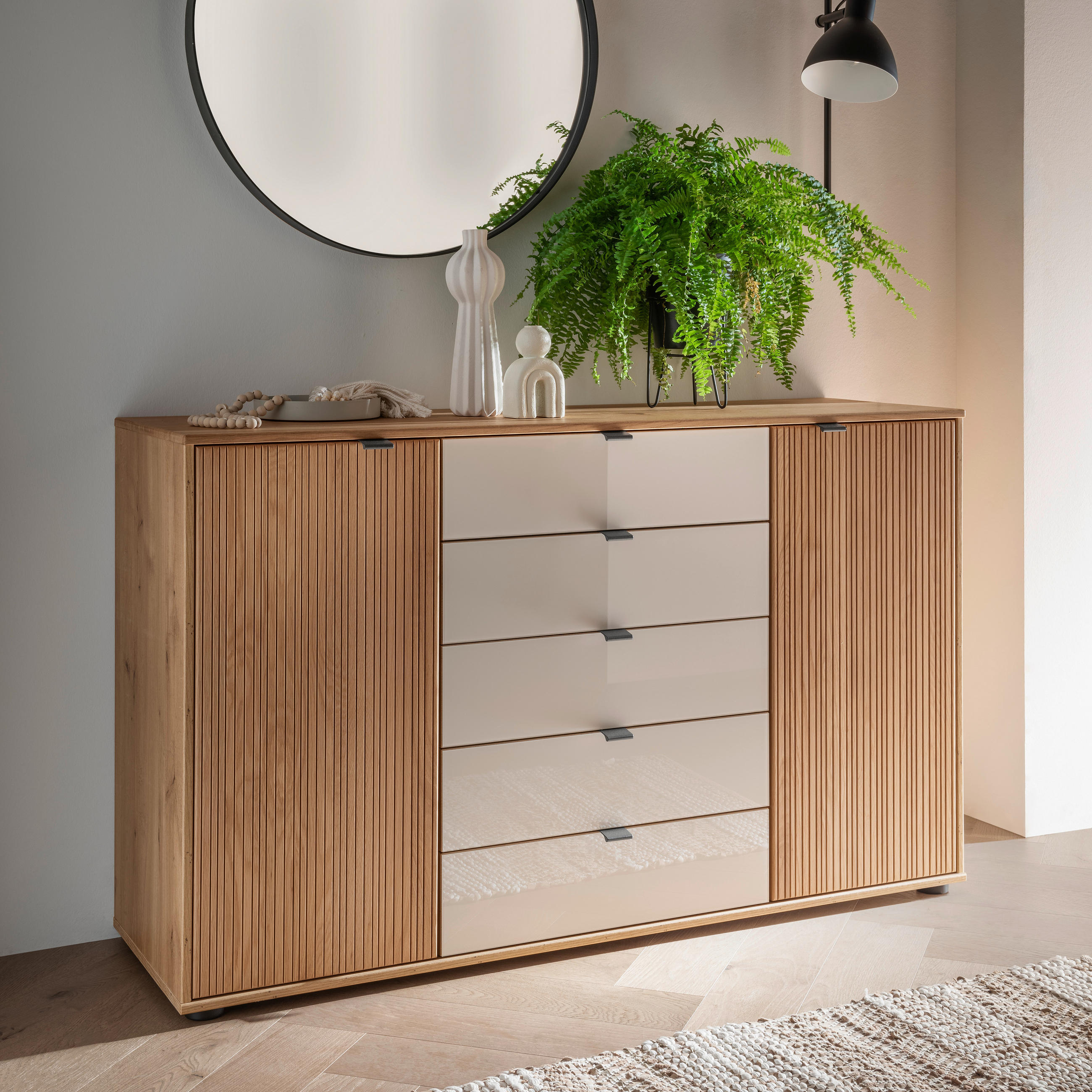 KOMMODE 141/86/43 cm  in Champagner, Eiche Bianco  - Eiche Bianco/Schieferfarben, KONVENTIONELL, Holz/Holzwerkstoff (141/86/43cm) - Venda