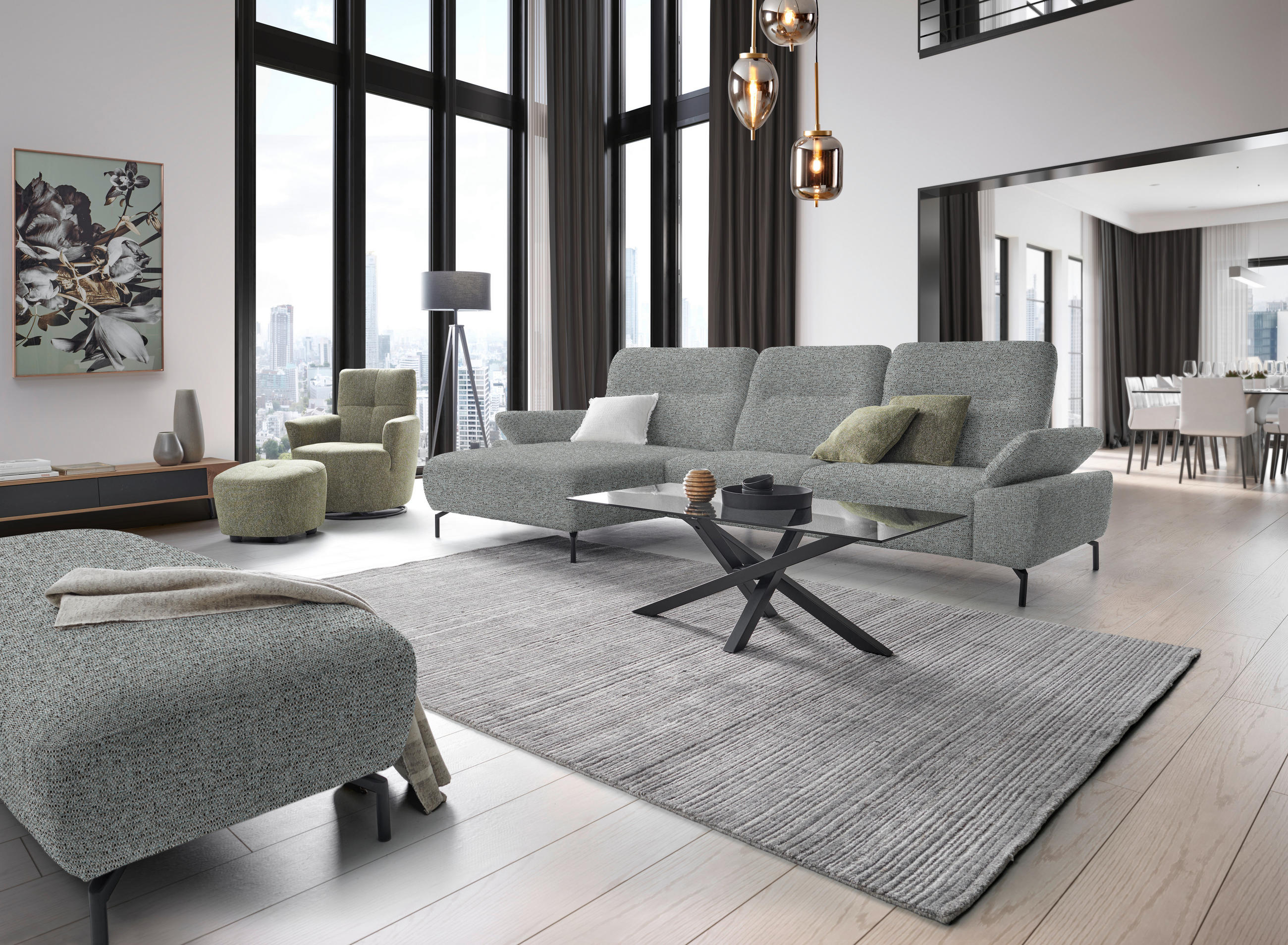 ECKSOFA in Chenille, Flachgewebe Pastellblau  165/318 cm  - Pastellblau/Schwarz, Design, Textil/Metall (165/318cm) - Xora