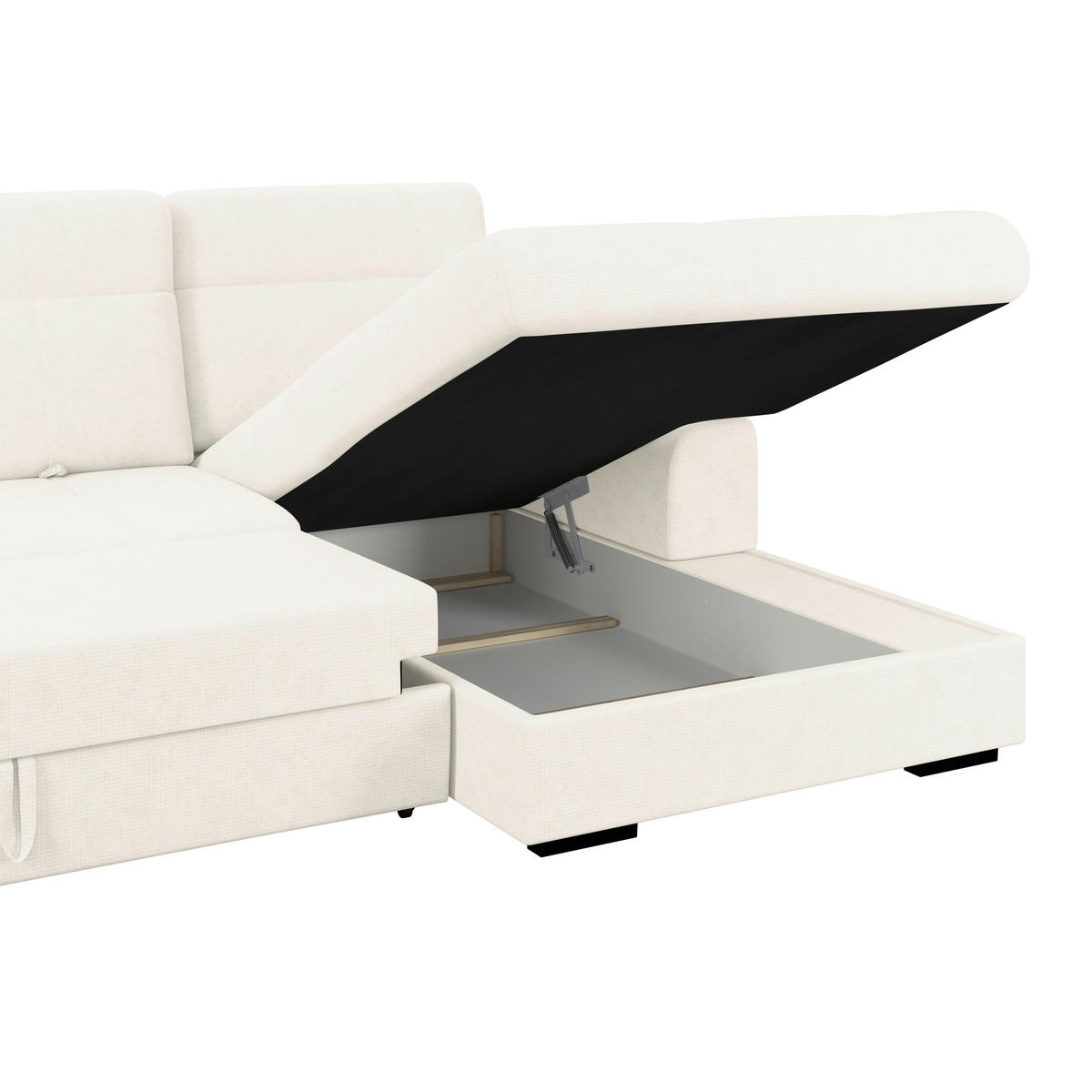 ECKSOFA Elfenbein Chenille Rücken echt, Kopfteilverstellung  - Elfenbein/Schwarz, KONVENTIONELL, Holz/Textil (286/203cm) - MID.YOU