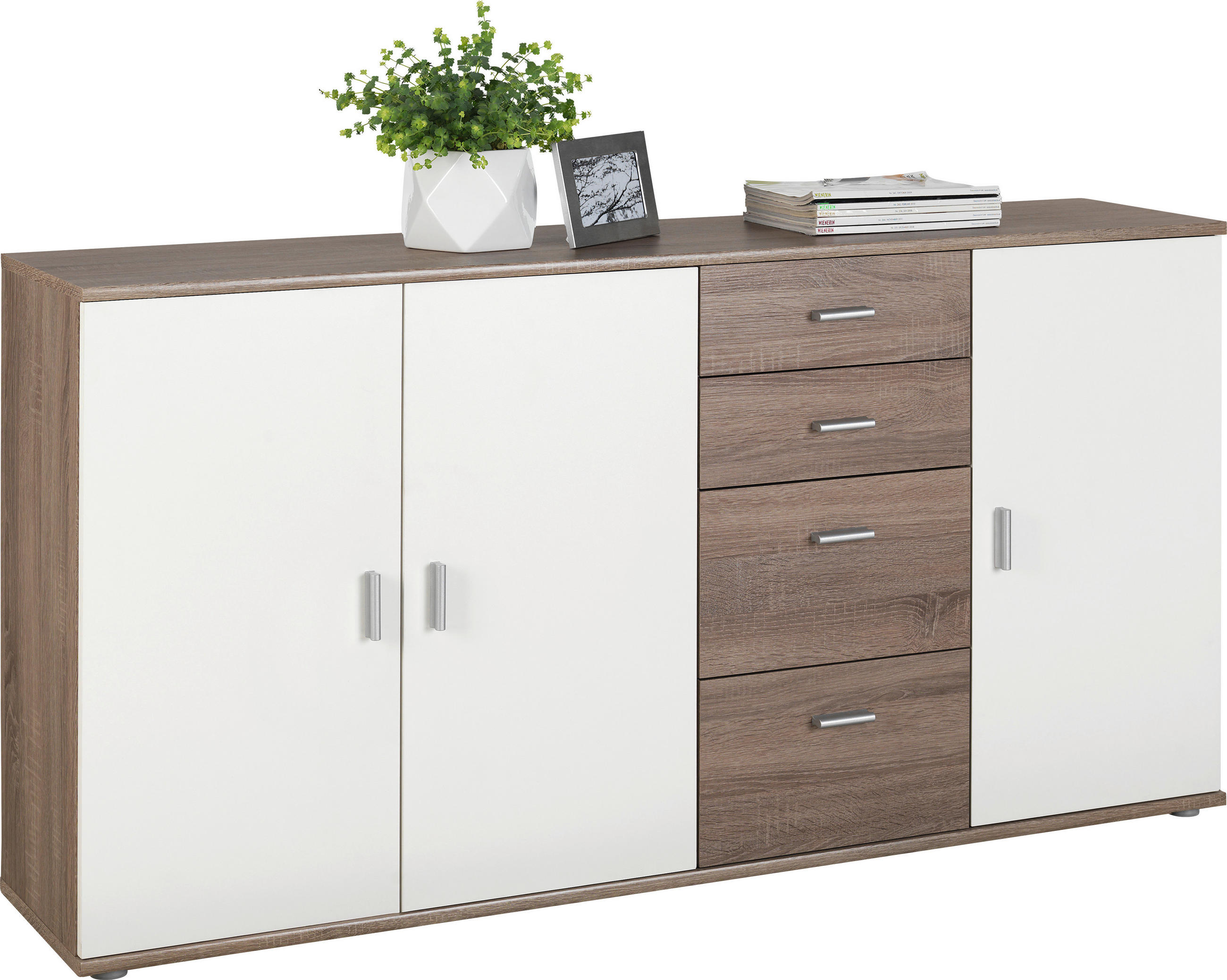 KOMODA, bela, hrast sonoma - srebrne barve/barve hrasta, Design, umetna masa/leseni material (160/82/35cm) - Boxxx