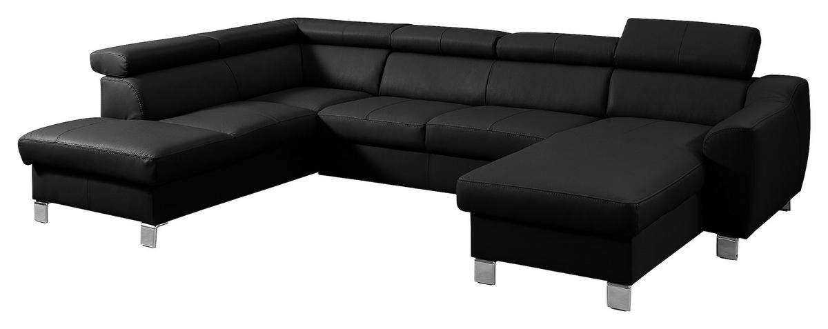 WOHNLANDSCHAFT Schwarz Echtleder Lederlook  - Chromfarben/Schwarz, Design, Leder/Textil (208/315/175cm) - Livetastic