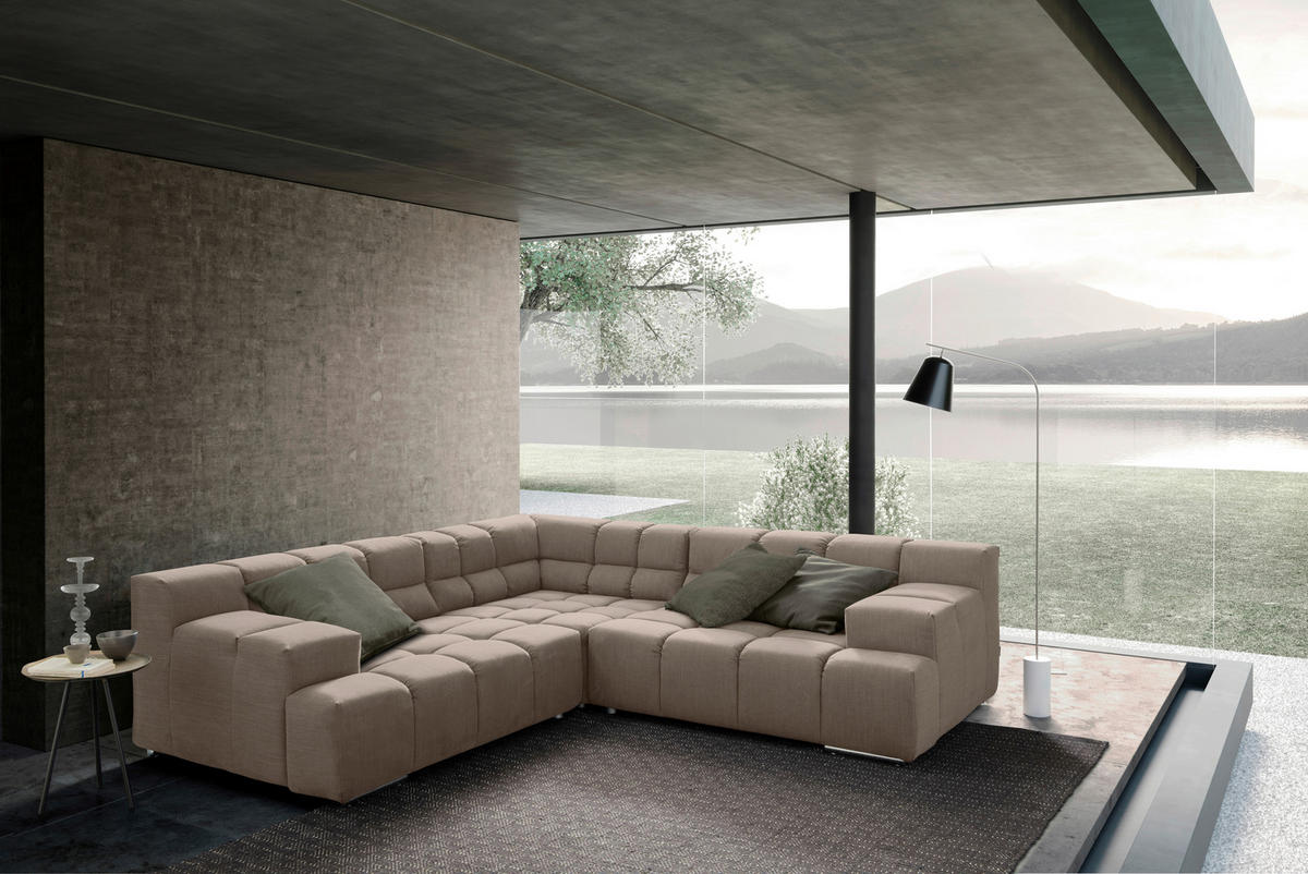 ECKSOFA in Flachgewebe, Leinenoptik Hellbraun  - Hellbraun/Schwarz, Design, Textil/Metall (257/257cm) - Designwerk