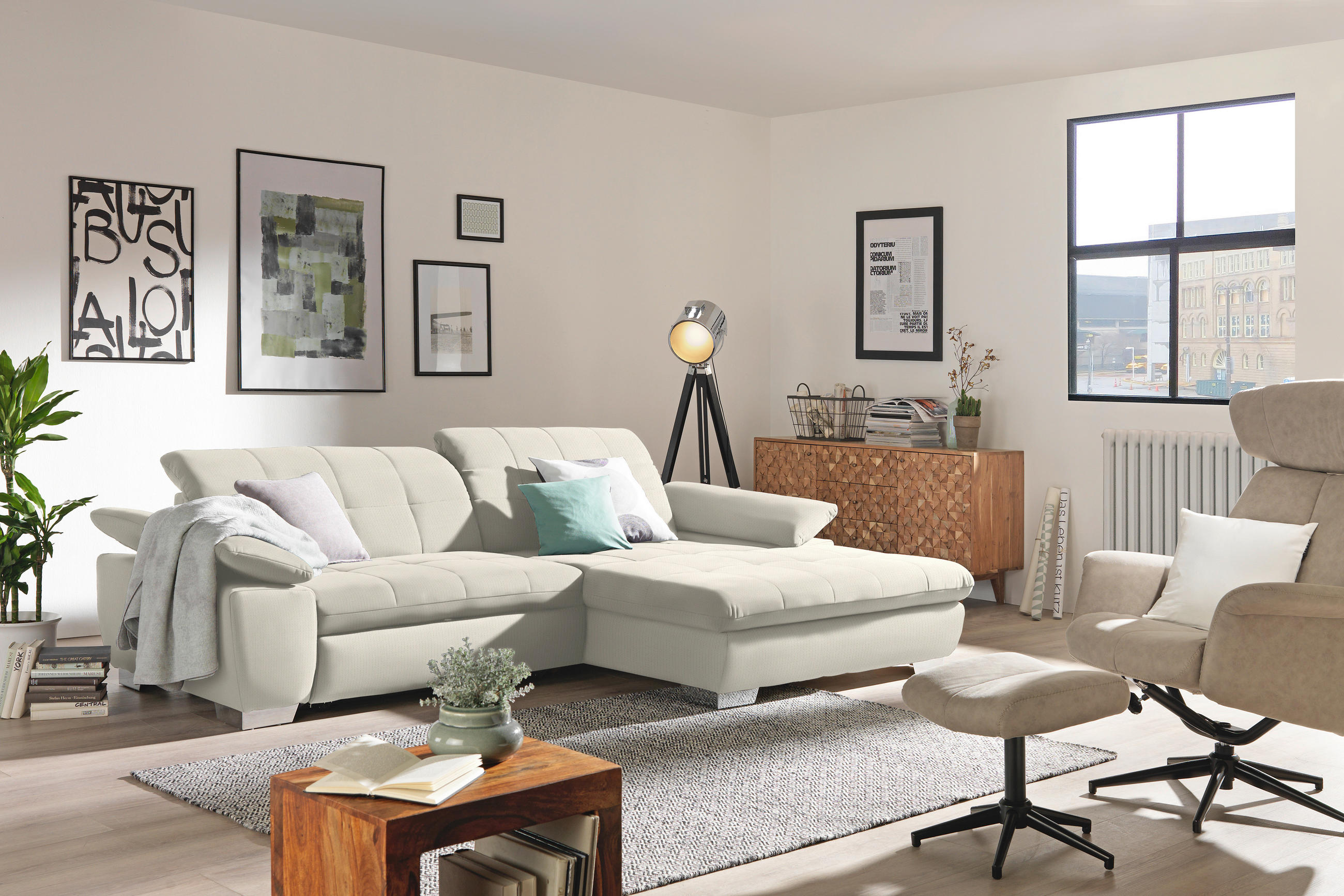 ECKSOFA in Mikrofaser Weiss  - Chromfarben/Weiss, Design, Textil/Metall (265/180cm) - Carryhome