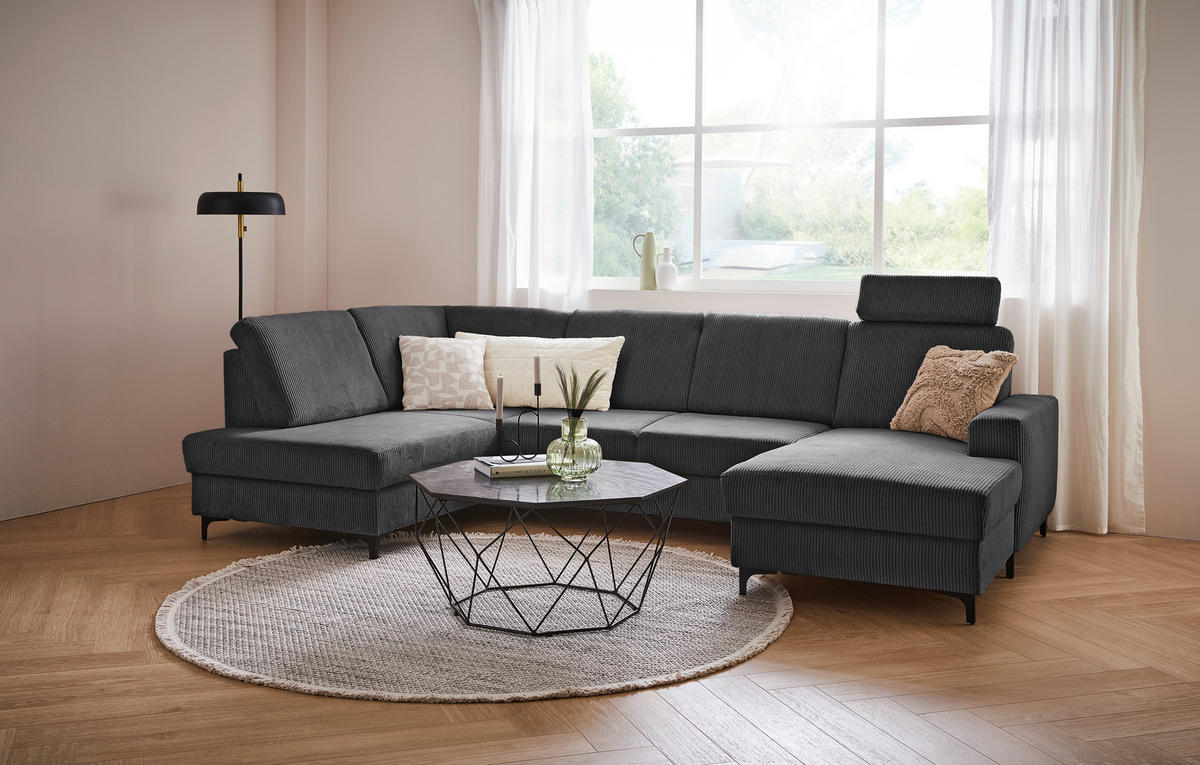WOHNLANDSCHAFT in Cord Dunkelgrau  - Dunkelgrau/Schwarz, Konventionell, Textil/Metall (185/317/167cm) - Stylife