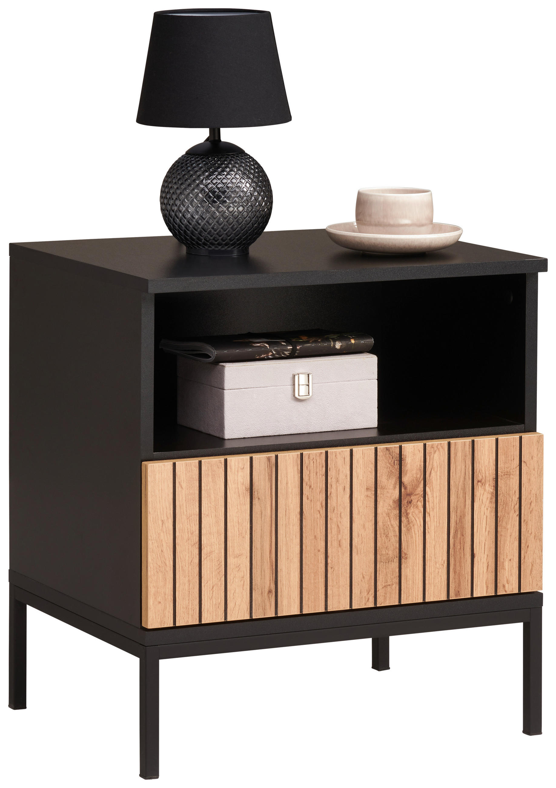 NACHTSCHRANK 51,6/56/38 cm  - Eiche Wotan/Schwarz, KONVENTIONELL, Holzwerkstoff (51,6/56/38cm) - Xora