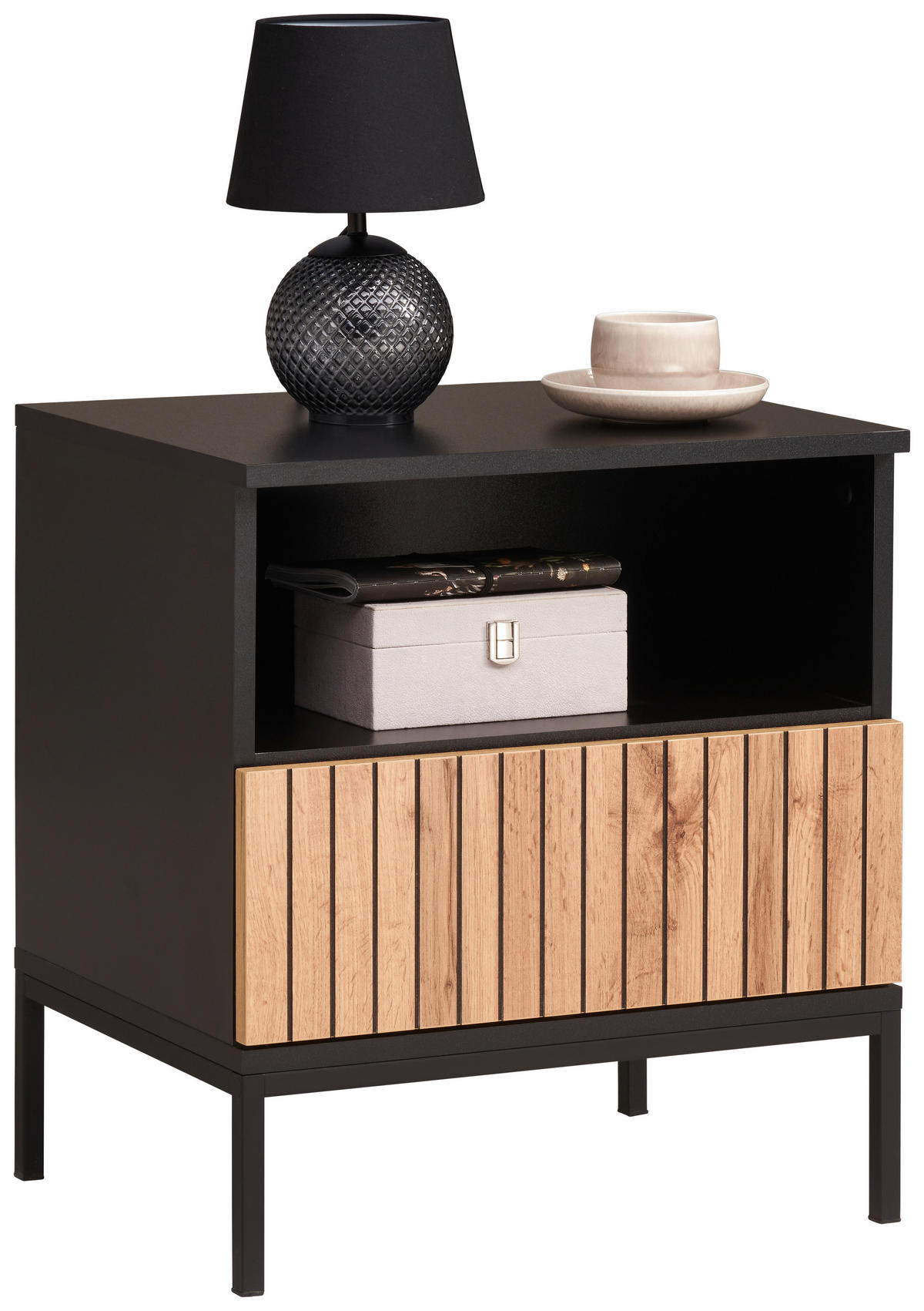 NACHTSCHRANK 51,6/56/38 cm  - Eiche Wotan/Schwarz, KONVENTIONELL, Holzwerkstoff (51,6/56/38cm) - Xora