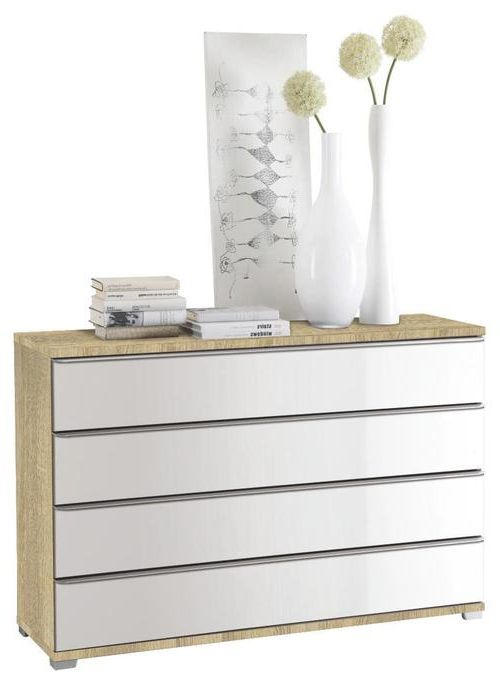 KOMMODE 120/80/40 cm  in Weiß, Sonoma Eiche  - Chromfarben/Weiß, Design, Glas/Holzwerkstoff (120/80/40cm) - Moderano