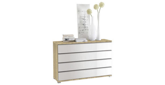 KOMMODE 120/80/40 cm in Weiß, Sonoma Eiche - Chromfarben/Weiß, Design, Glas/Holzwerkstoff (120/80/40cm) - Moderano
