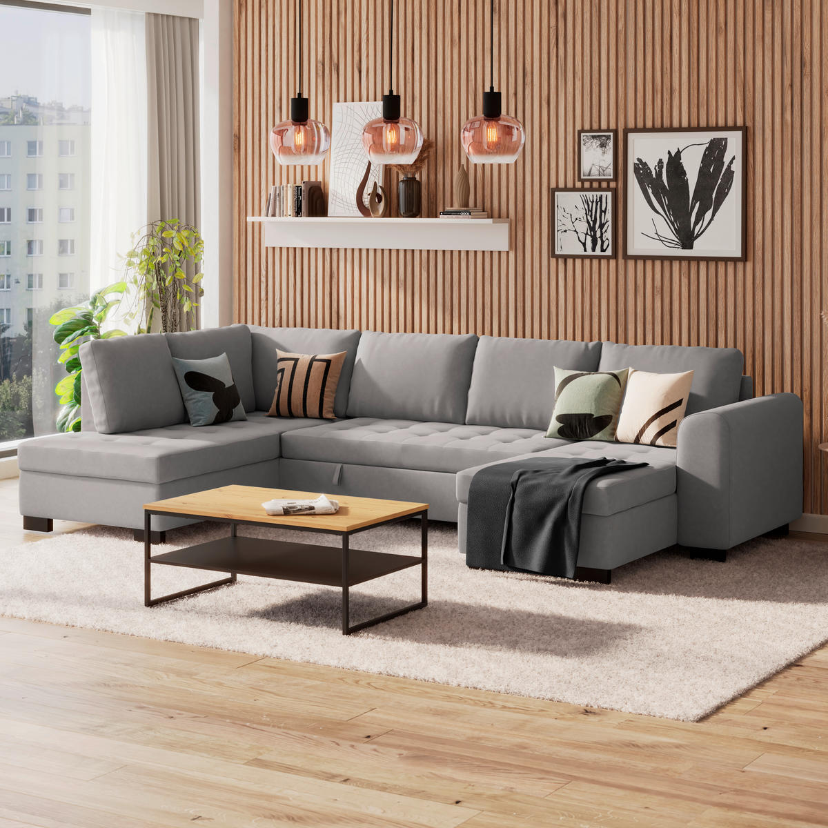 WOHNLANDSCHAFT Grau Mikrofaser  - Schwarz/Grau, MODERN, Kunststoff/Textil (178/305/155cm) - P & B