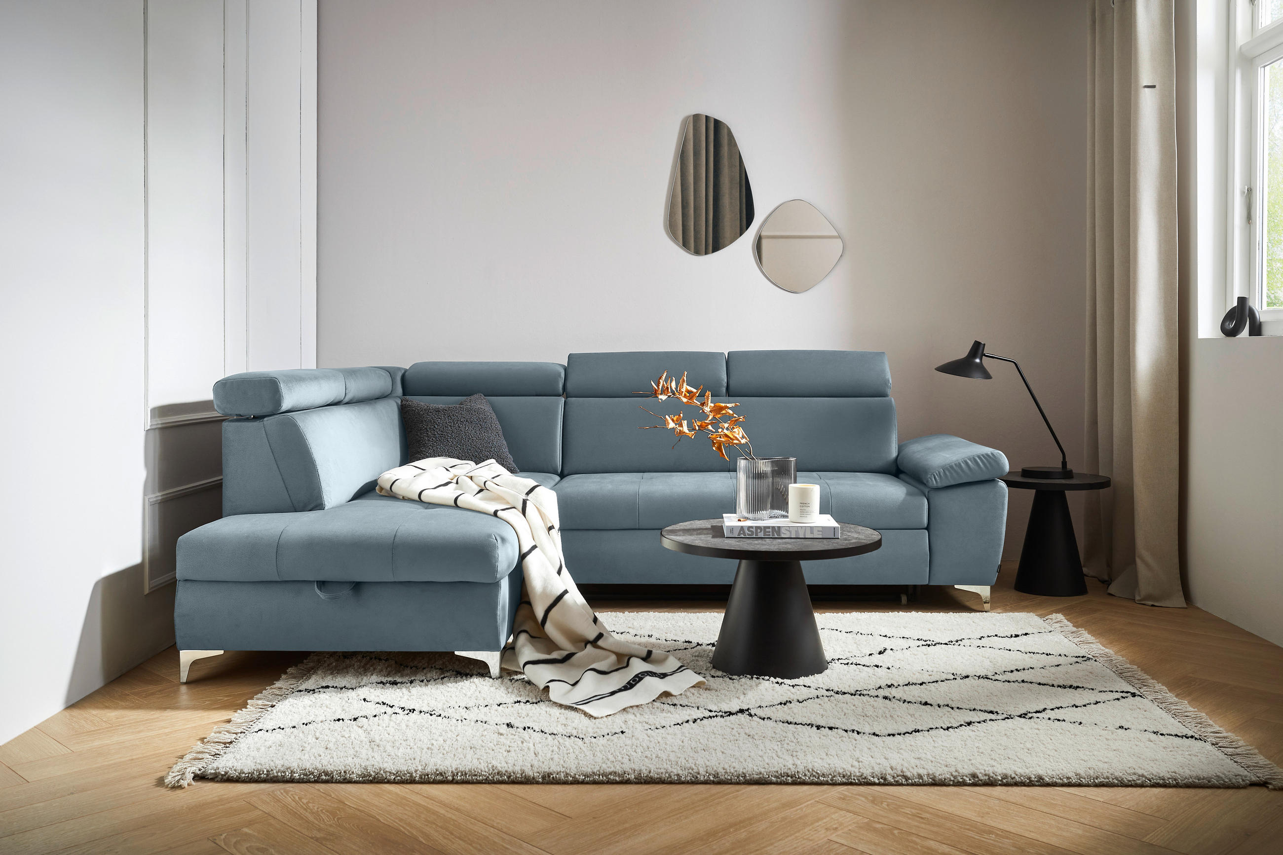 ECKSOFA Hellblau Mikrofaser  - Chromfarben/Hellblau, KONVENTIONELL, Textil/Metall (206/271cm) - Carryhome