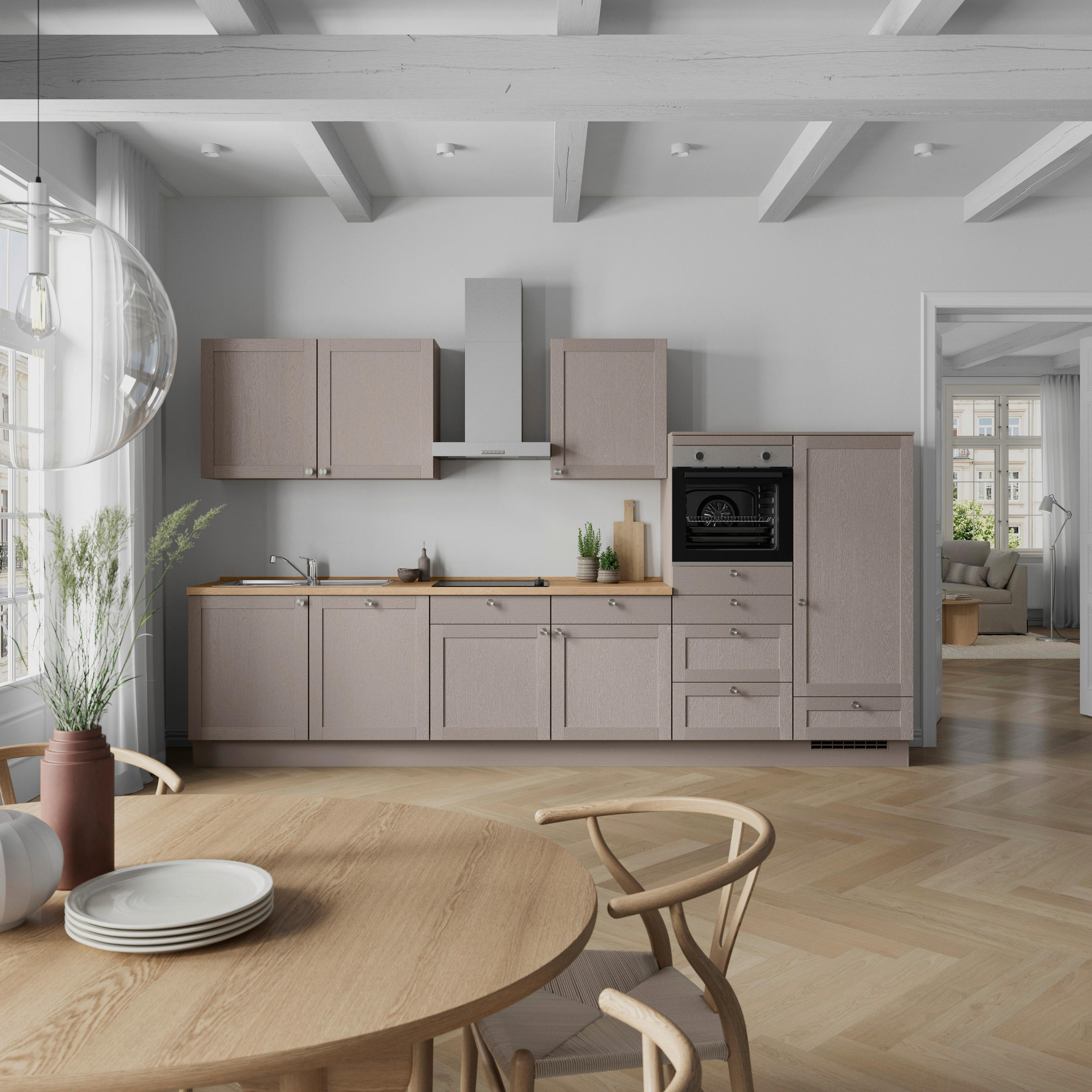 KÜCHENBLOCK Frame 360 cm  in Eichefarben, Beigebraun  - Edelstahlfarben/Eichefarben, MODERN, Holzwerkstoff/Metall (360cm) - Nobilia