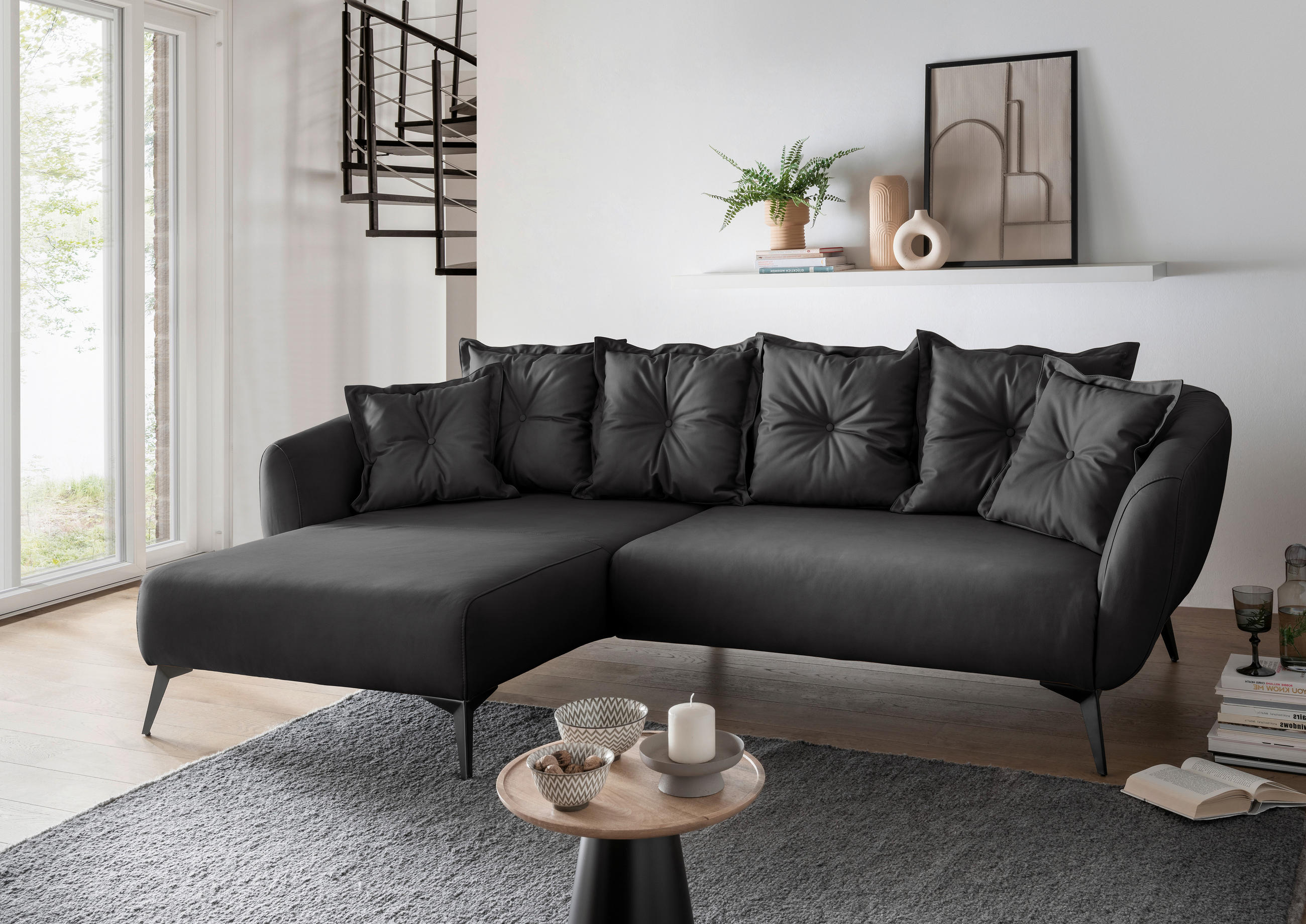 ECKSOFA in Lederlook Schwarz  162/277 cm  - Schwarz, MODERN, Textil/Metall (162/277cm) - Livetastic