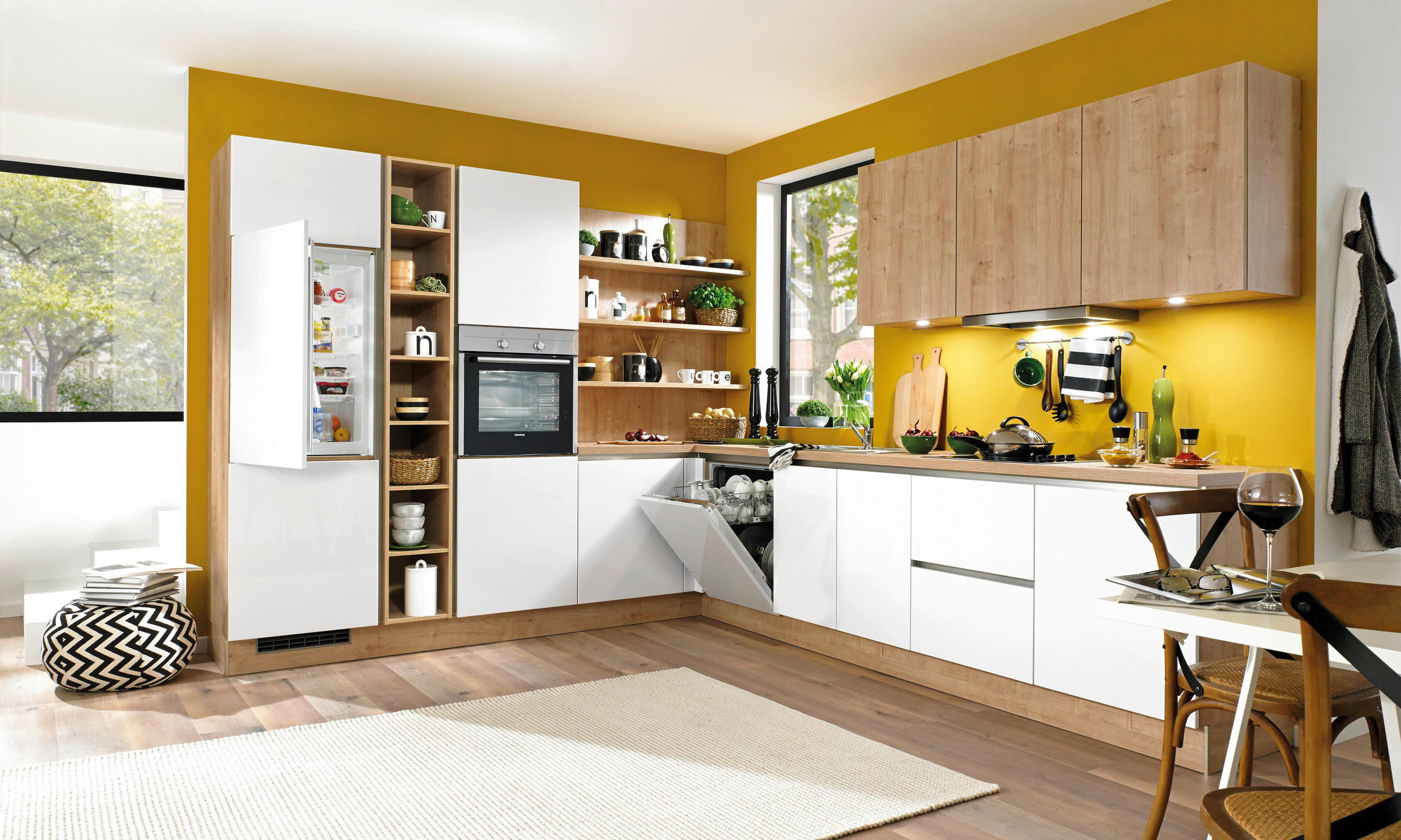 EINBAUKÜCHE  - Eichefarben/Weiß, Design, Holzwerkstoff - Moderano