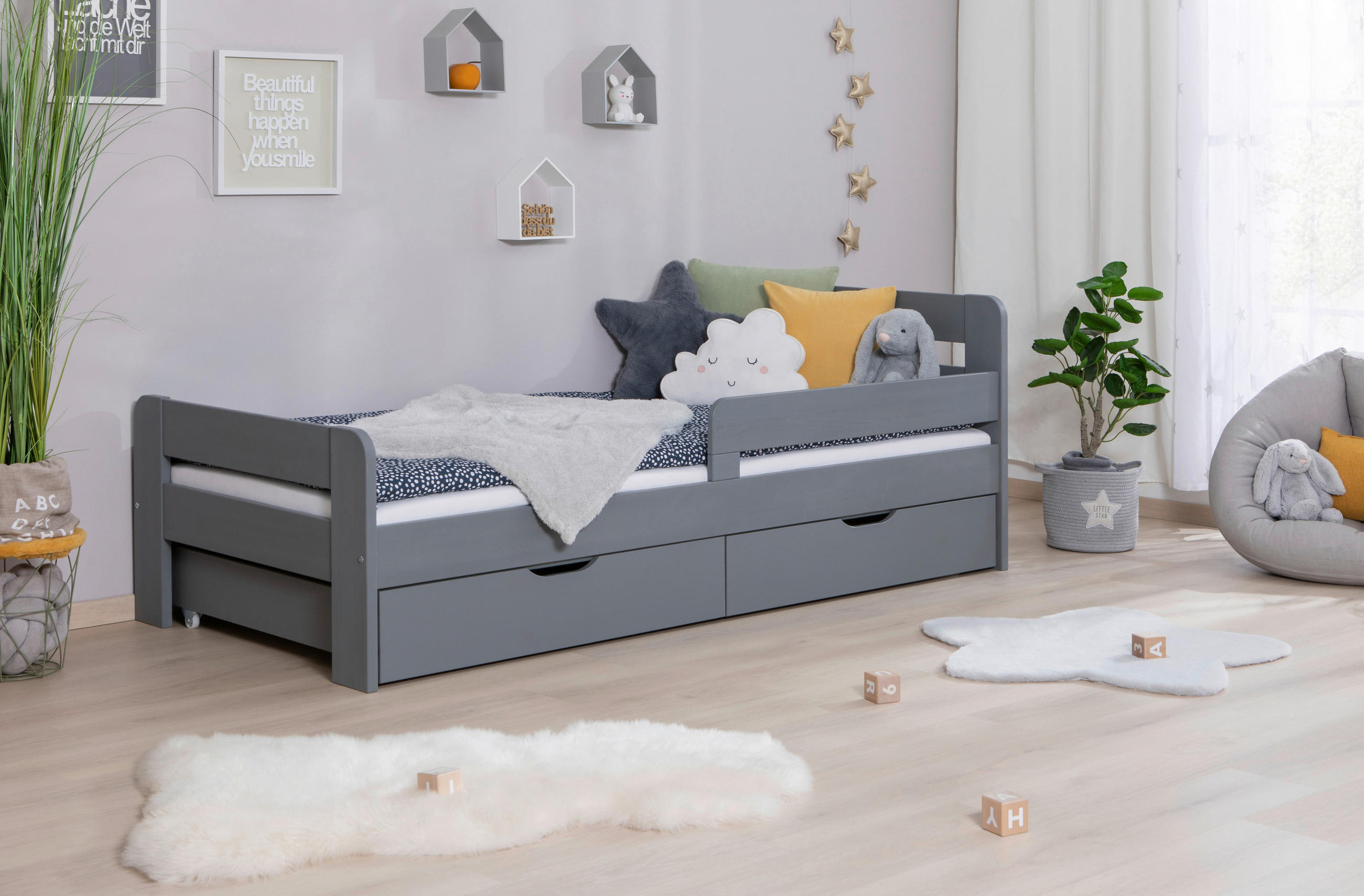STAURAUMBETT 90/200 cm  in Hellgrau  - Hellgrau/Naturfarben, MODERN, Holz/Textil (90/200cm) - MID.YOU
