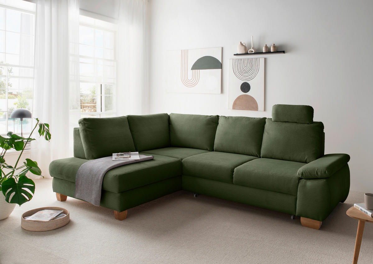 ECKSCHLAFSOFA in Cord Dunkelgrün  - Wildeiche/Dunkelgrün, Modern, Holz/Textil (206/261cm) - Livetastic