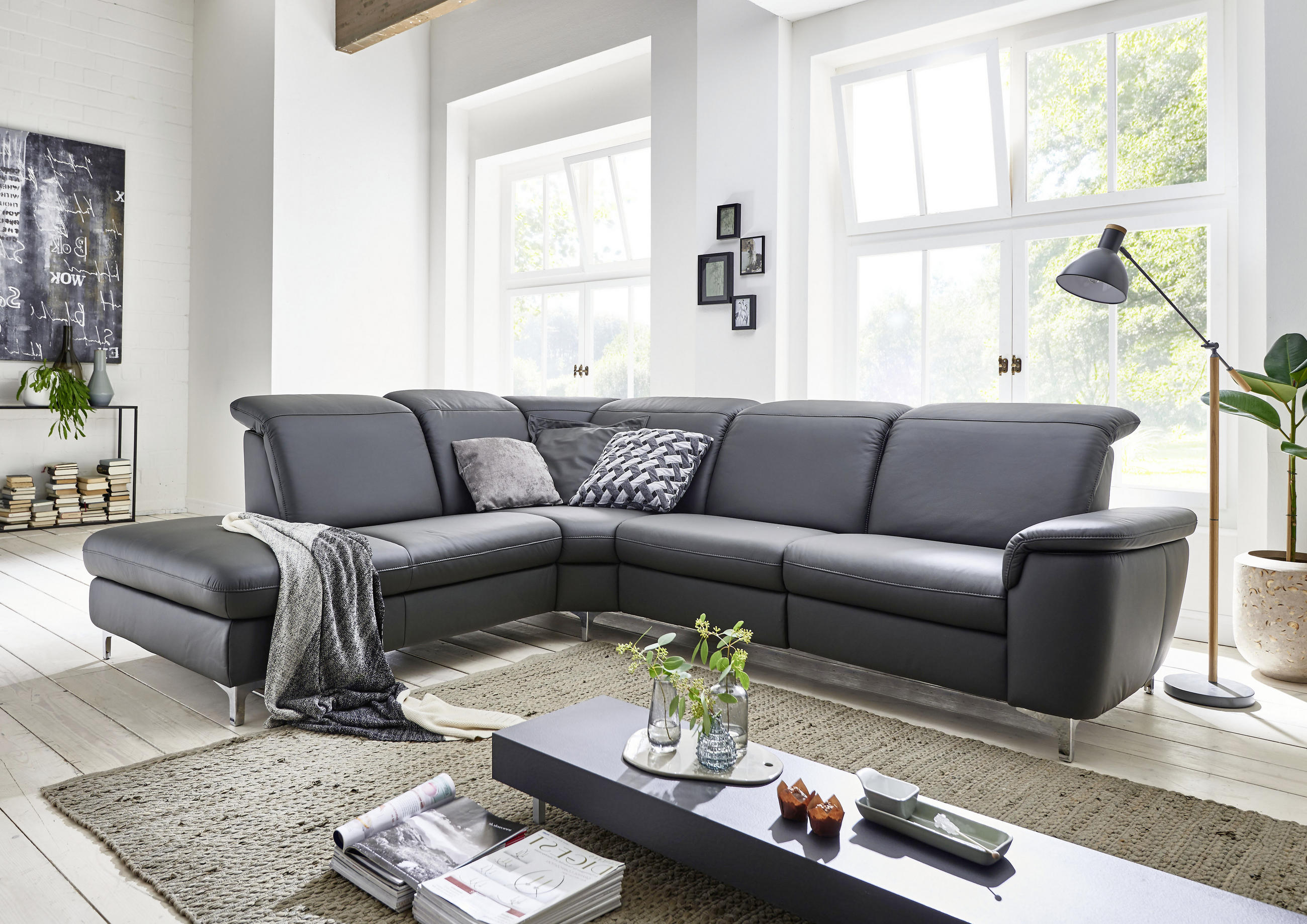 ECKSOFA Anthrazit Echtleder  - Chromfarben/Anthrazit, KONVENTIONELL, Leder/Metall (242/289cm) - Cantus