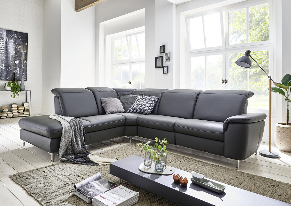 ECKSOFA Anthrazit Echtleder  - Chromfarben/Anthrazit, KONVENTIONELL, Leder/Metall (242/289cm) - Cantus