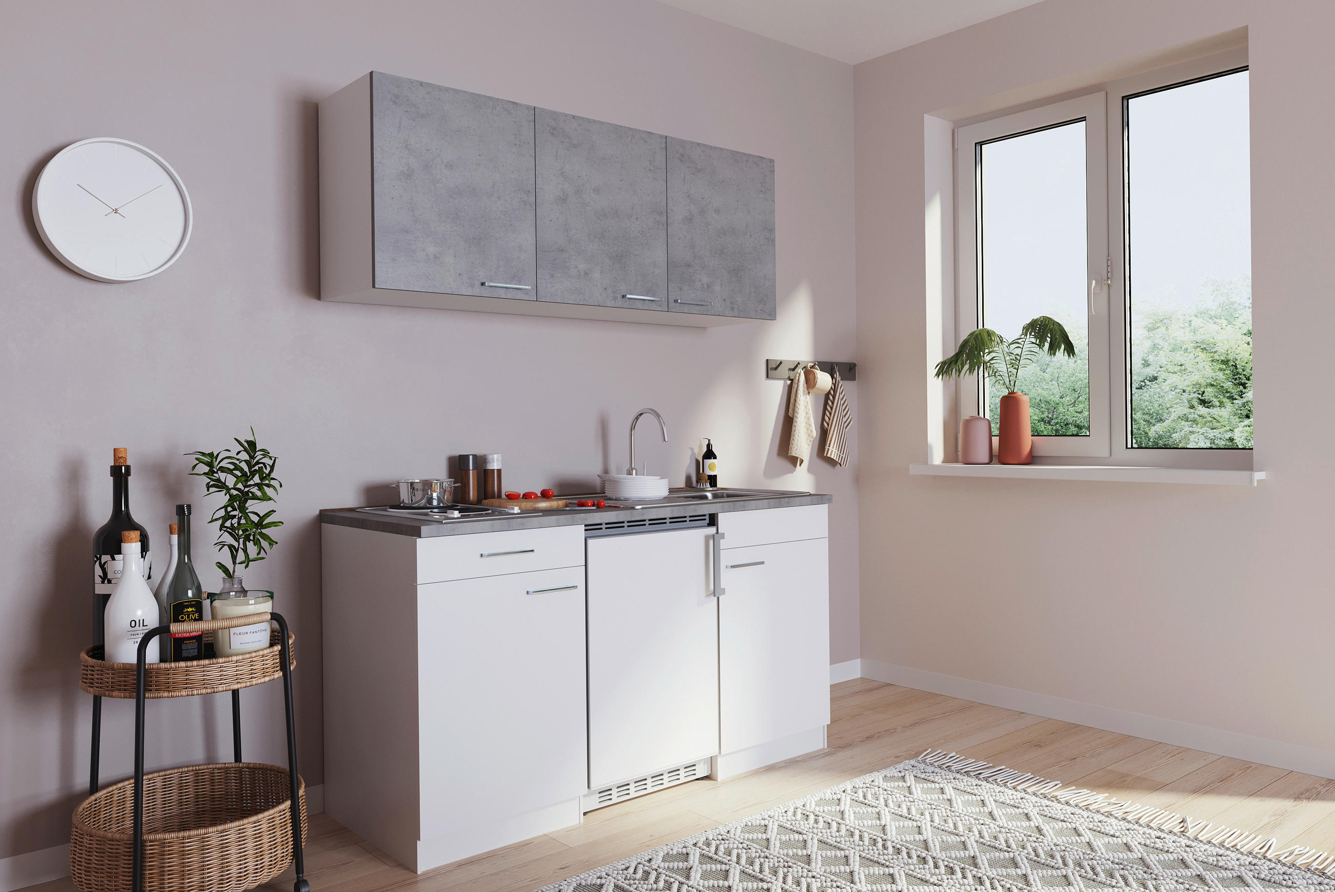 MINIKÜCHE 150 cm   in Grau, Weiß  - Alufarben/Weiß, KONVENTIONELL, Holzwerkstoff/Kunststoff (150cm) - Respekta