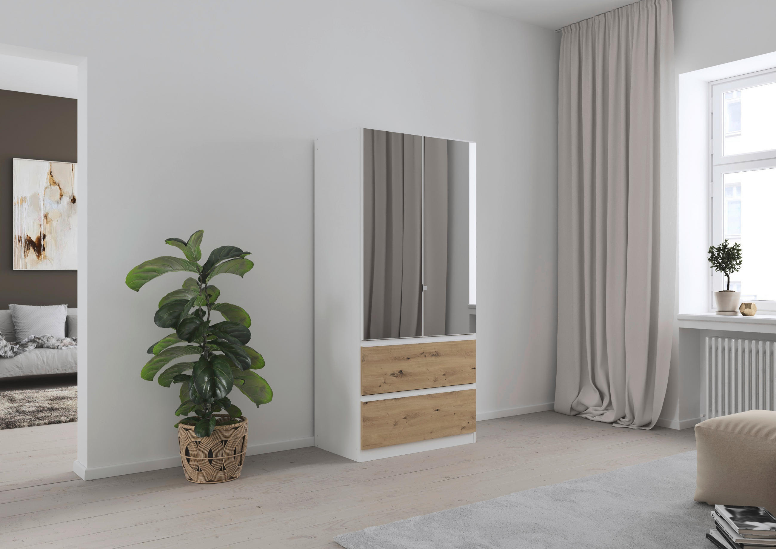 DREHTÜRENSCHRANK 91/197/54 cm 2-türig Weiß, Eiche Artisan - Weiß/Eiche Artisan, MODERN, Holzwerkstoff (91/197/54cm) - Rauch Möbel
