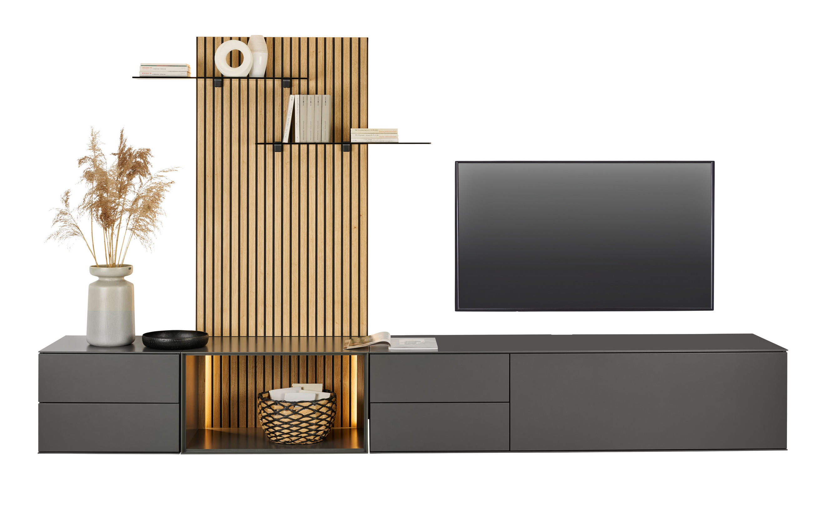 WOHNWAND  in Anthrazit, Eichefarben  321/160/50 cm  - Eichefarben/Anthrazit, Design, Glas/Holz (321/204/50cm) - Dieter Knoll