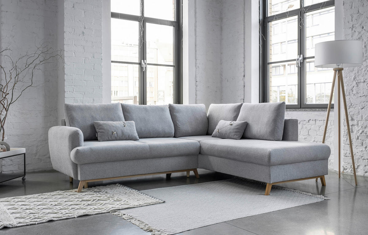 ECKSOFA Hellgrau Chenille  - Hellgrau/Naturfarben, Holz/Textil (242/202cm) - MID.YOU