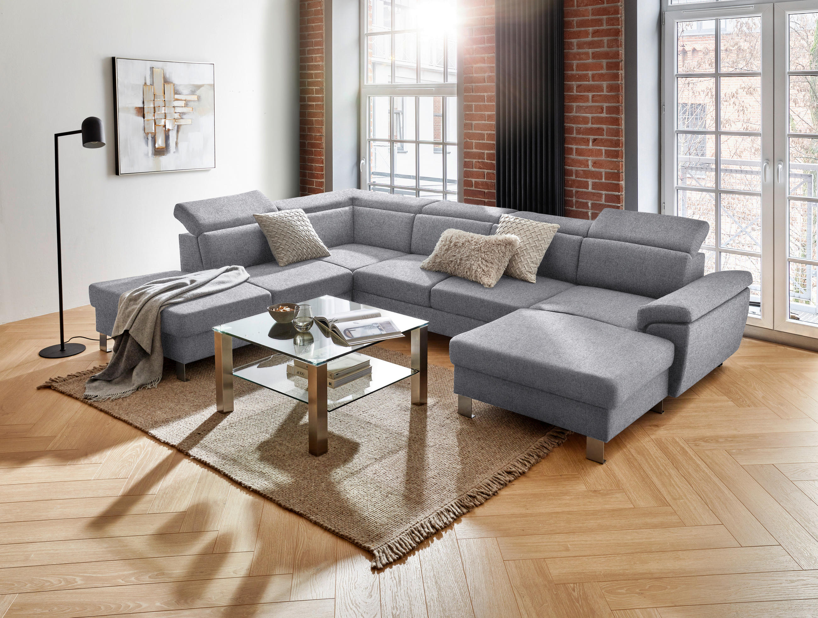WOHNLANDSCHAFT in Webstoff Hellgrau  - Silberfarben/Hellgrau, Design, Textil/Metall (226/320/168cm) - Xora