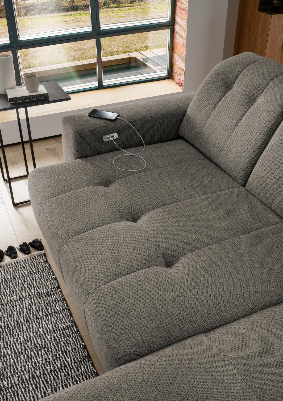 ECKSOFA in Chenille Graubraun  - Graubraun/Schwarz, Modern, Textil/Metall (261/200cm) - Livetastic