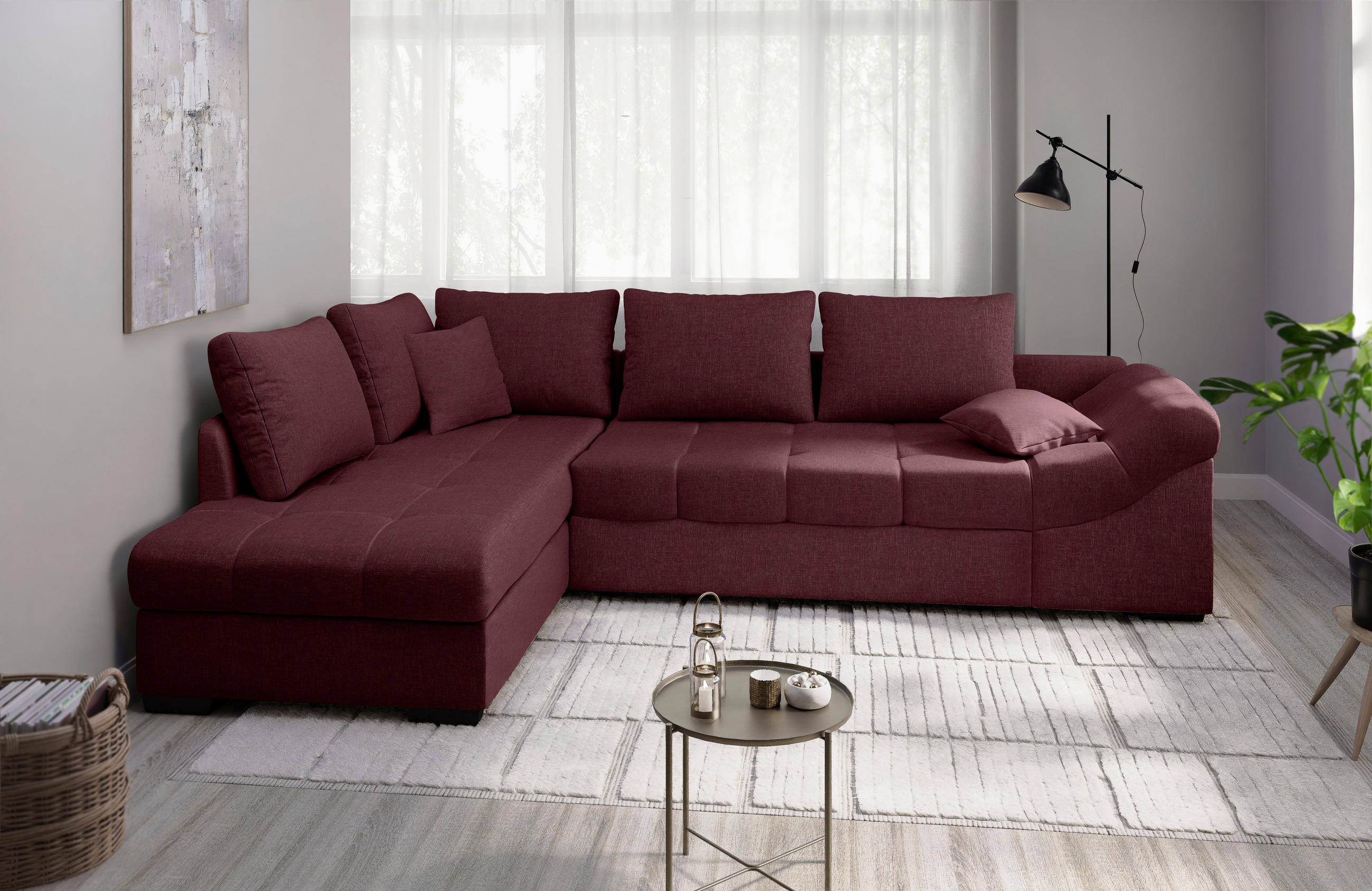 ECKSCHLAFSOFA Bordeaux Mikrofaser  - Bordeaux/Schwarz, MODERN, Holz/Textil (202/298cm) - MID.YOU