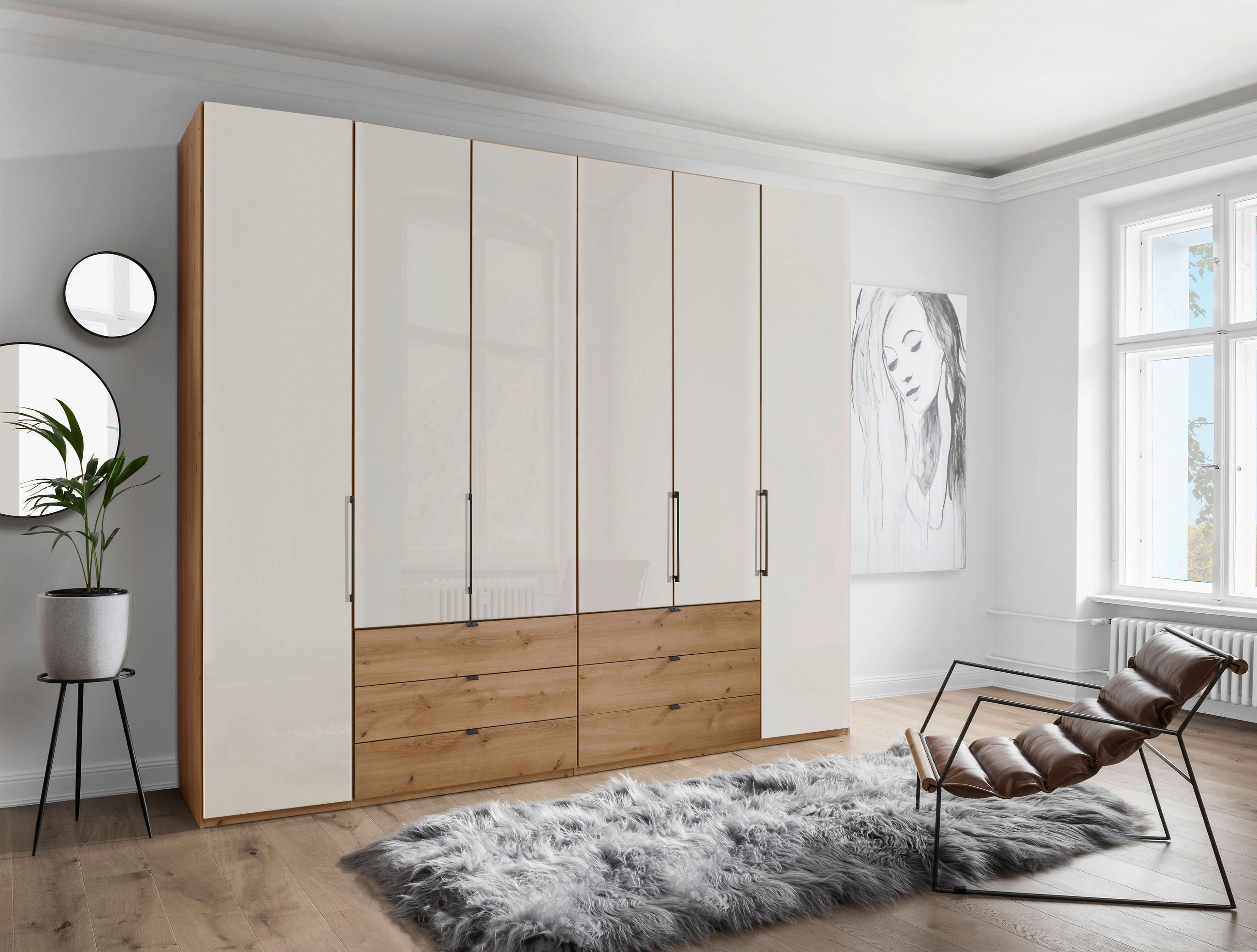 DREHTÜRENSCHRANK 250/236/58 cm 6-türig Champagner, Eiche Bianco  - Schieferfarben/Eiche Bianco, KONVENTIONELL, Glas/Holzwerkstoff (250/236/58cm) - Dieter Knoll