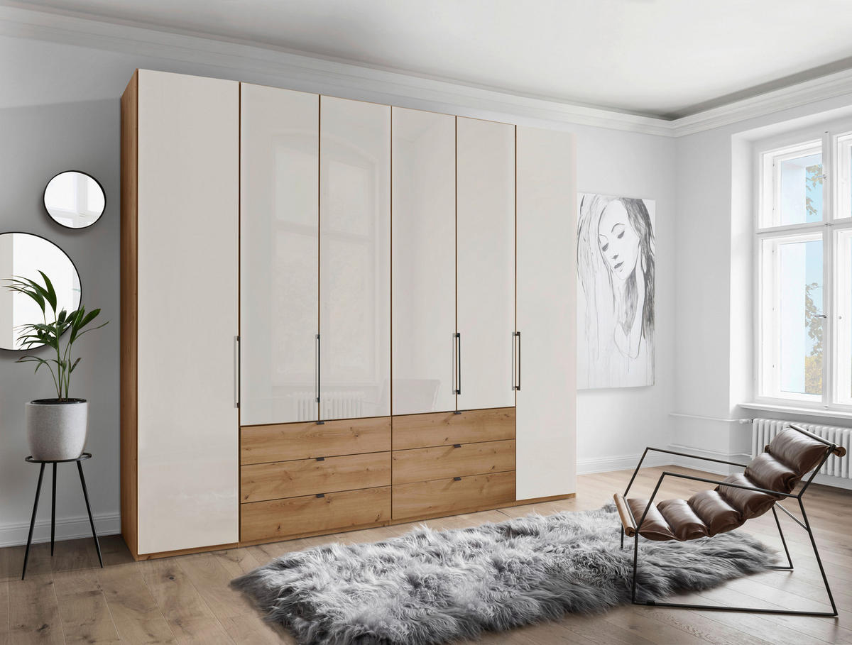 DREHTÜRENSCHRANK 250/236/58 cm 6-türig Champagner, Eiche Bianco  - Schieferfarben/Eiche Bianco, KONVENTIONELL, Glas/Holzwerkstoff (250/236/58cm) - Dieter Knoll