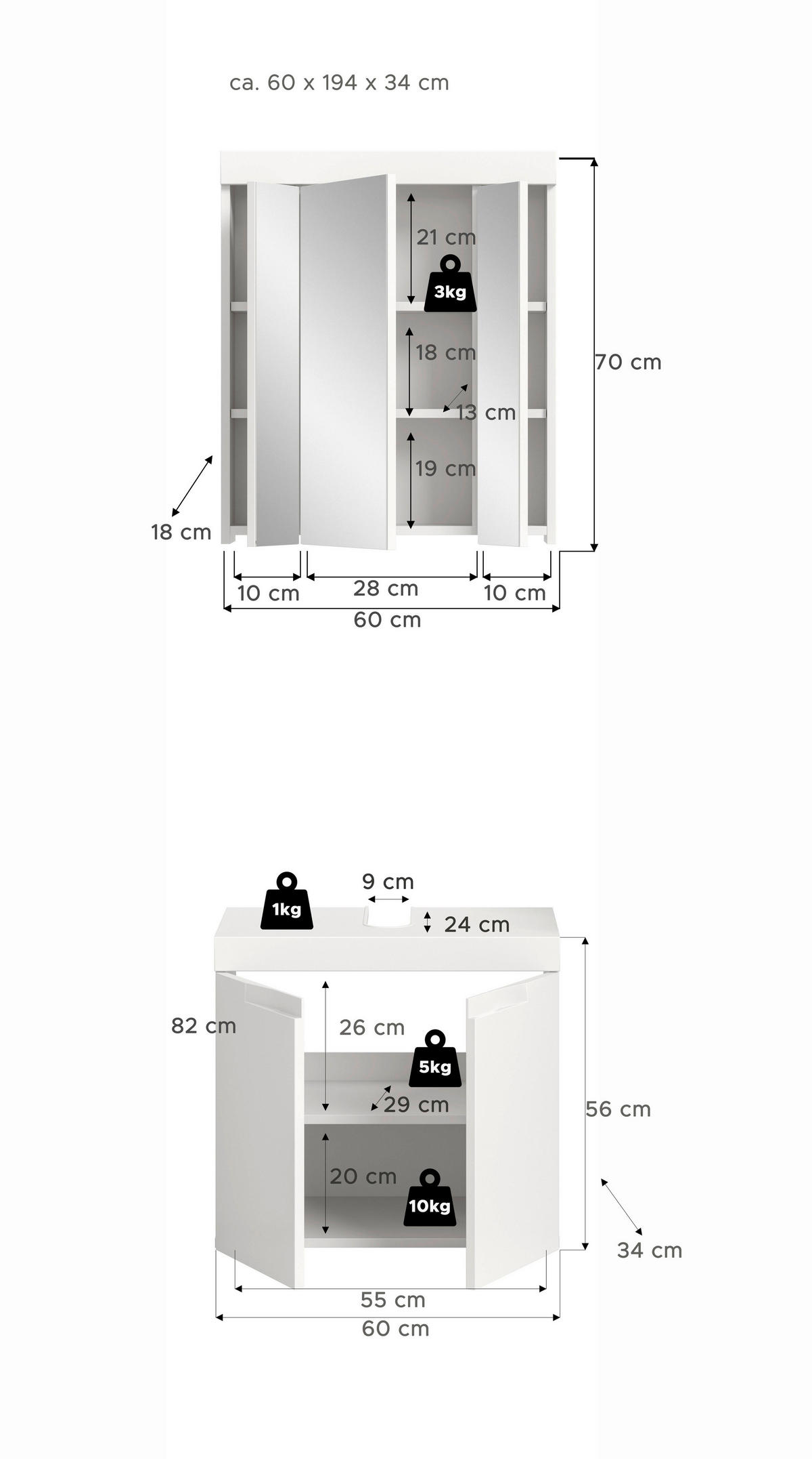 BADRUM 60 cm  - vit/svart, Trend, trämaterial/glas (60cm) - MID.YOU