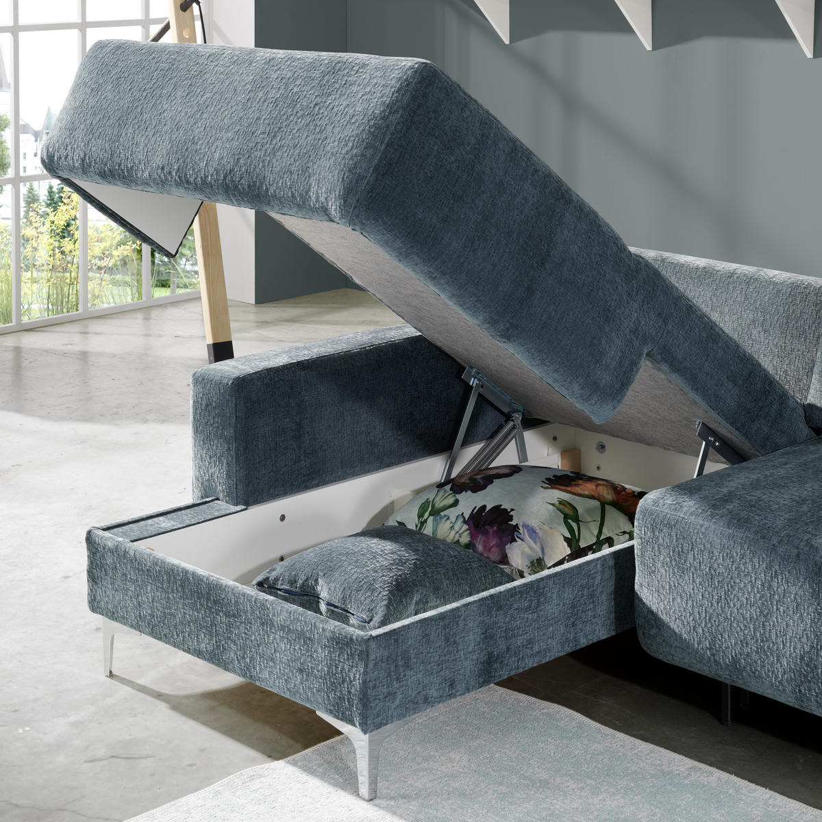 ECKSOFA Dunkelblau Flachgewebe  - Alufarben/Dunkelblau, Design, Textil/Metall (160/248cm) - Sedda