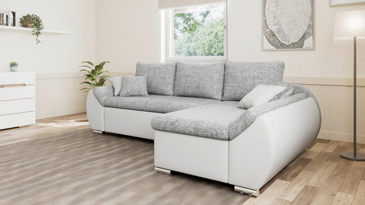ECKSOFA AURO in Grau, Weiß Rücken echt  275/155 cm  - Silberfarben/Weiß, Design, Kunststoff/Textil (275/155cm) - MID.YOU