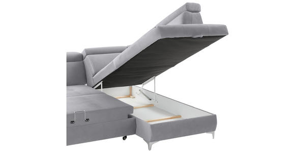 ECKSOFA Silberfarben Mikrofaser  inkl. Bettkasten, Schlaffunktion, Rücken echt, Kopfteilverstellung, Liegefläche im Originalstoff  - Chromfarben/Silberfarben, KONVENTIONELL, Textil/Metall (271/206cm) - Carryhome