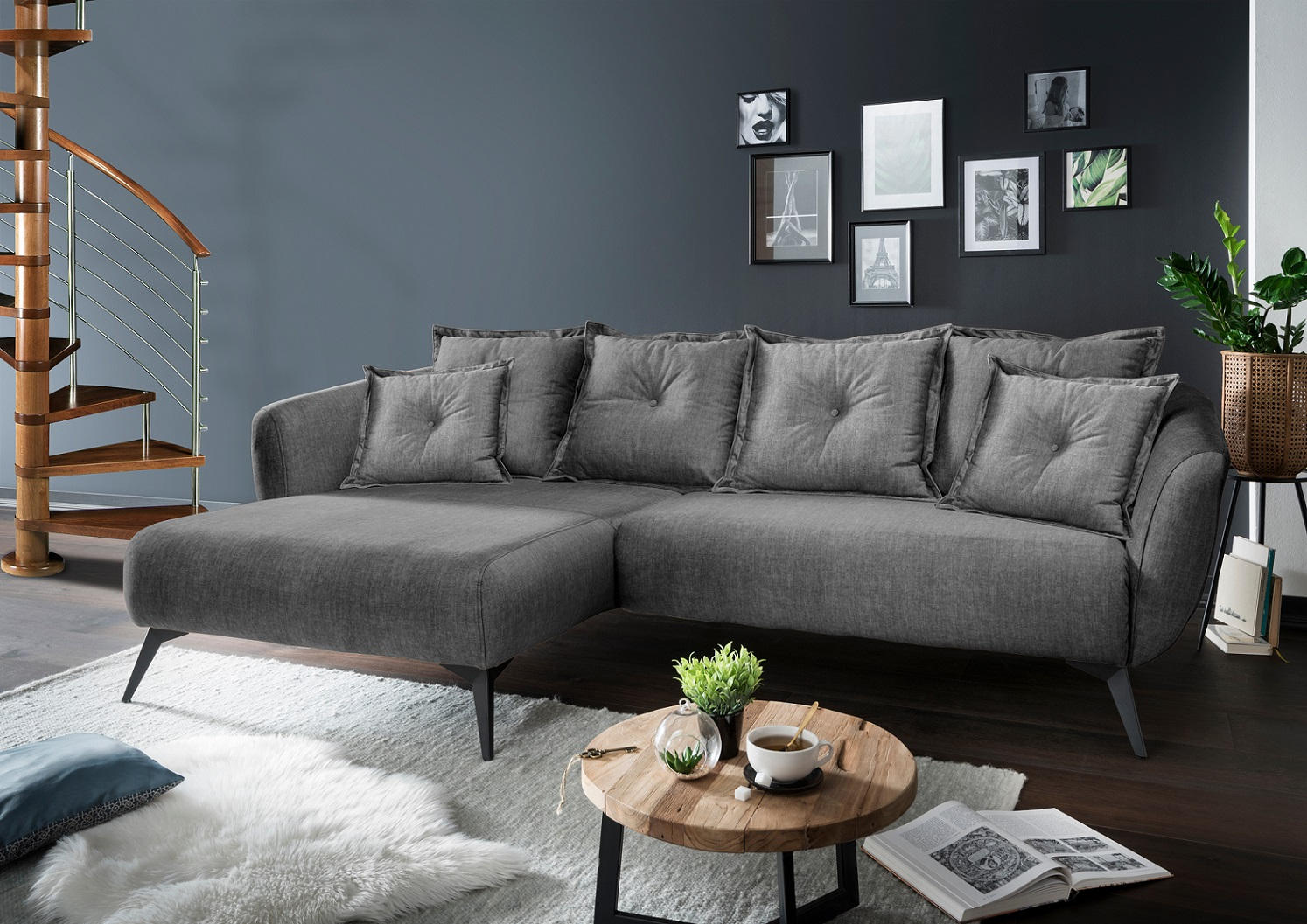 ECKSOFA in Velours Grau  - Schwarz/Grau, Modern, Holz/Textil (227/94/162cm) - Livetastic