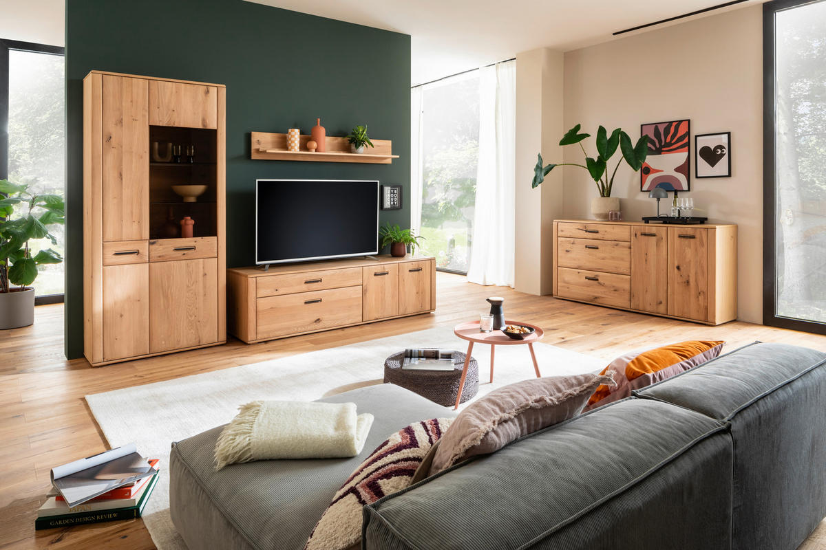 WOHNWAND  in Eichefarben 302/208/50 cm  - Eichefarben/Anthrazit, Konventionell, Glas/Holz (302/208/50cm) - Cantus