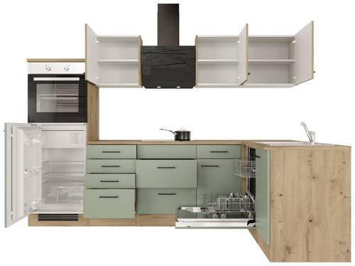 Thumbnail - FlexWell Eckküche, Eiche Artisan, Schilfgrün, Metall, 1 Schublade(n),7 Schublade(n) Schubladen, einmalig seitenverkehrt ...